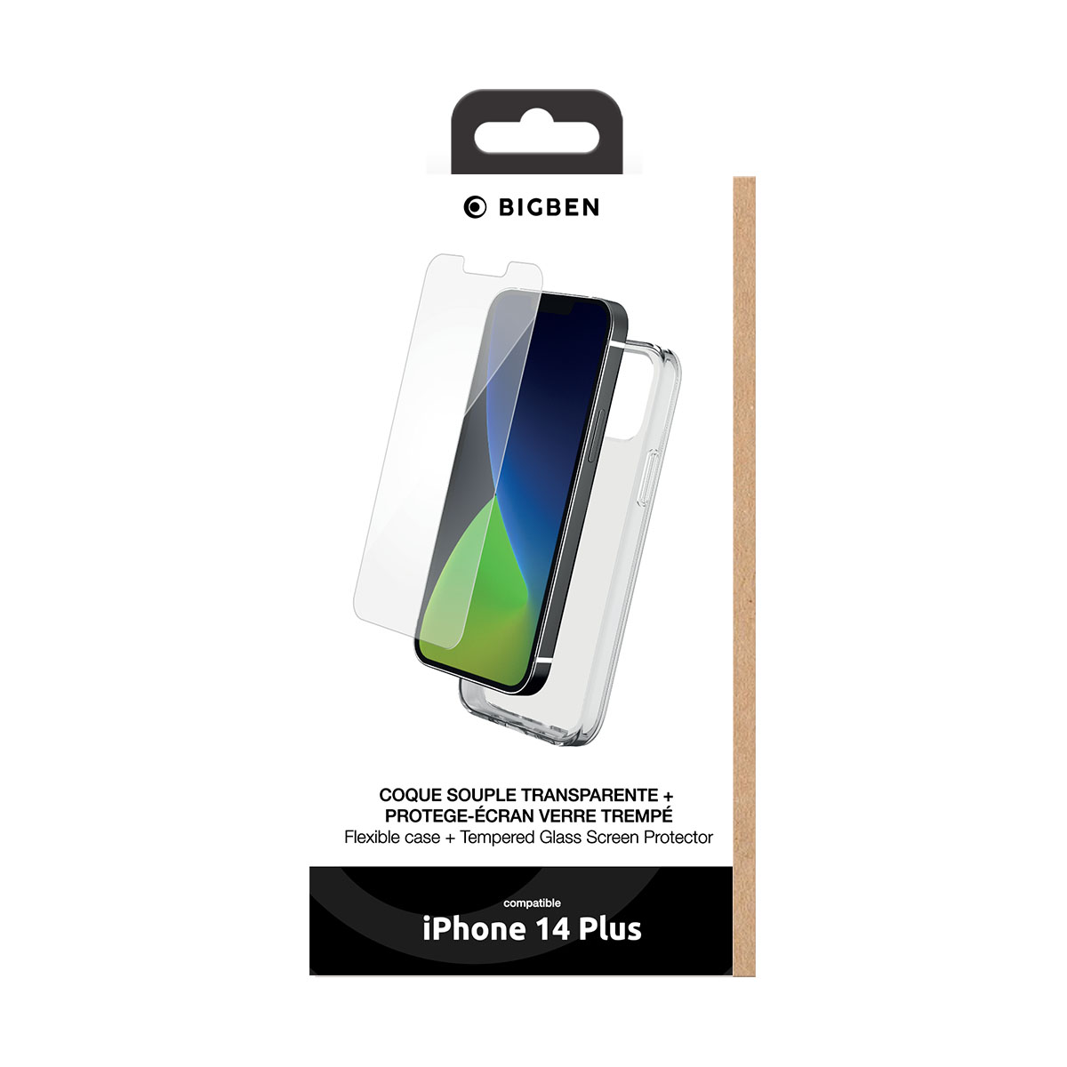 La confezione del prodotto mostra un iPhone 14 Plus con protezione schermo e custodia. Il marchio è Bigben. Il testo include i dettagli del prodotto.