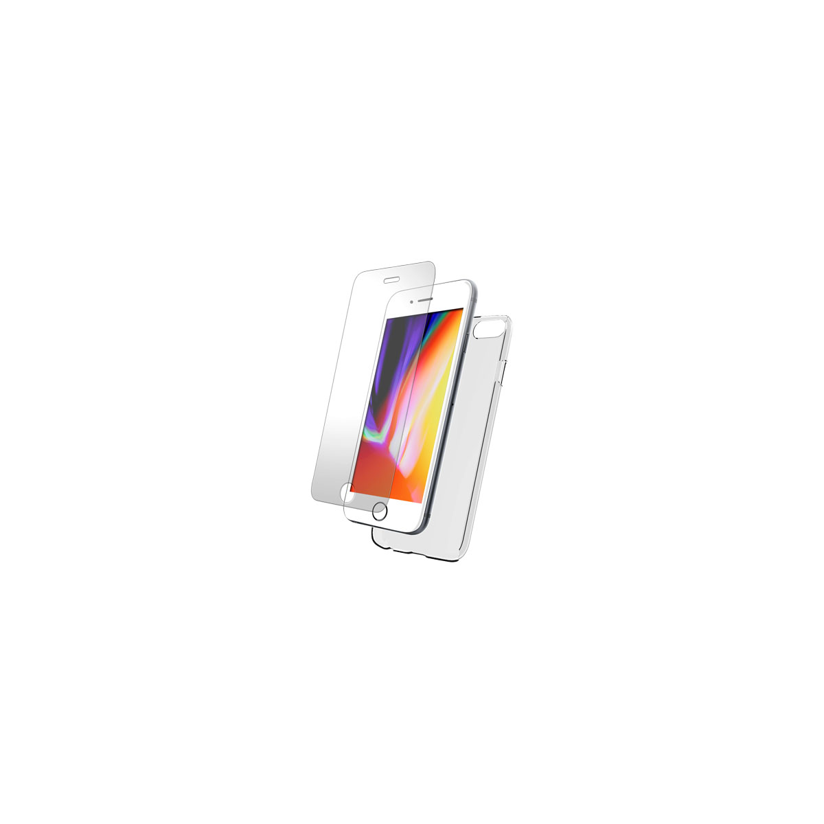 Uno smartphone con protezione schermo e custodia trasparente, che mostra un'immagine astratta colorata. Su sfondo bianco.
