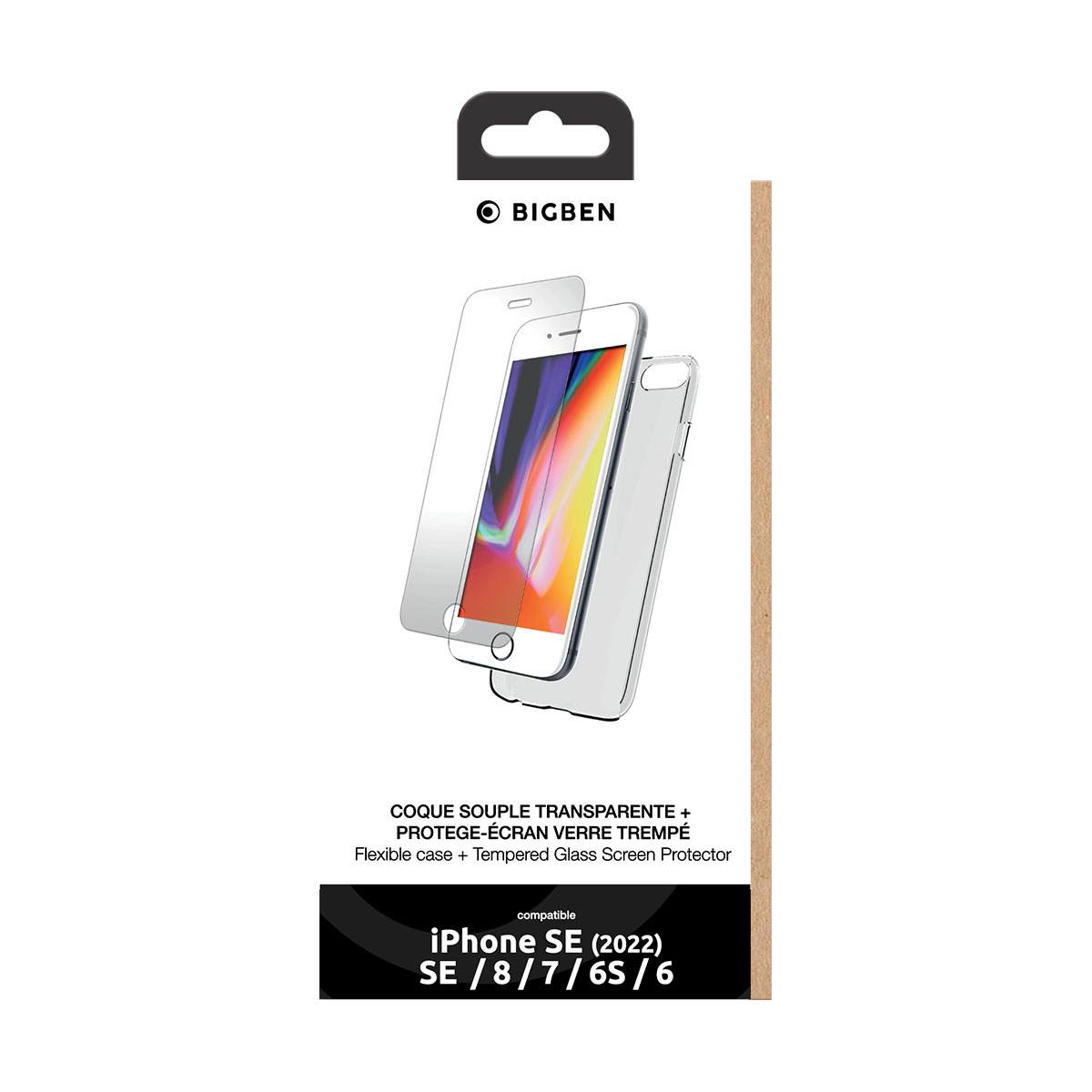 Confezione con custodia trasparente, protezione schermo e dettagli di compatibilità iPhone SE. Il logo Bigben è in alto.