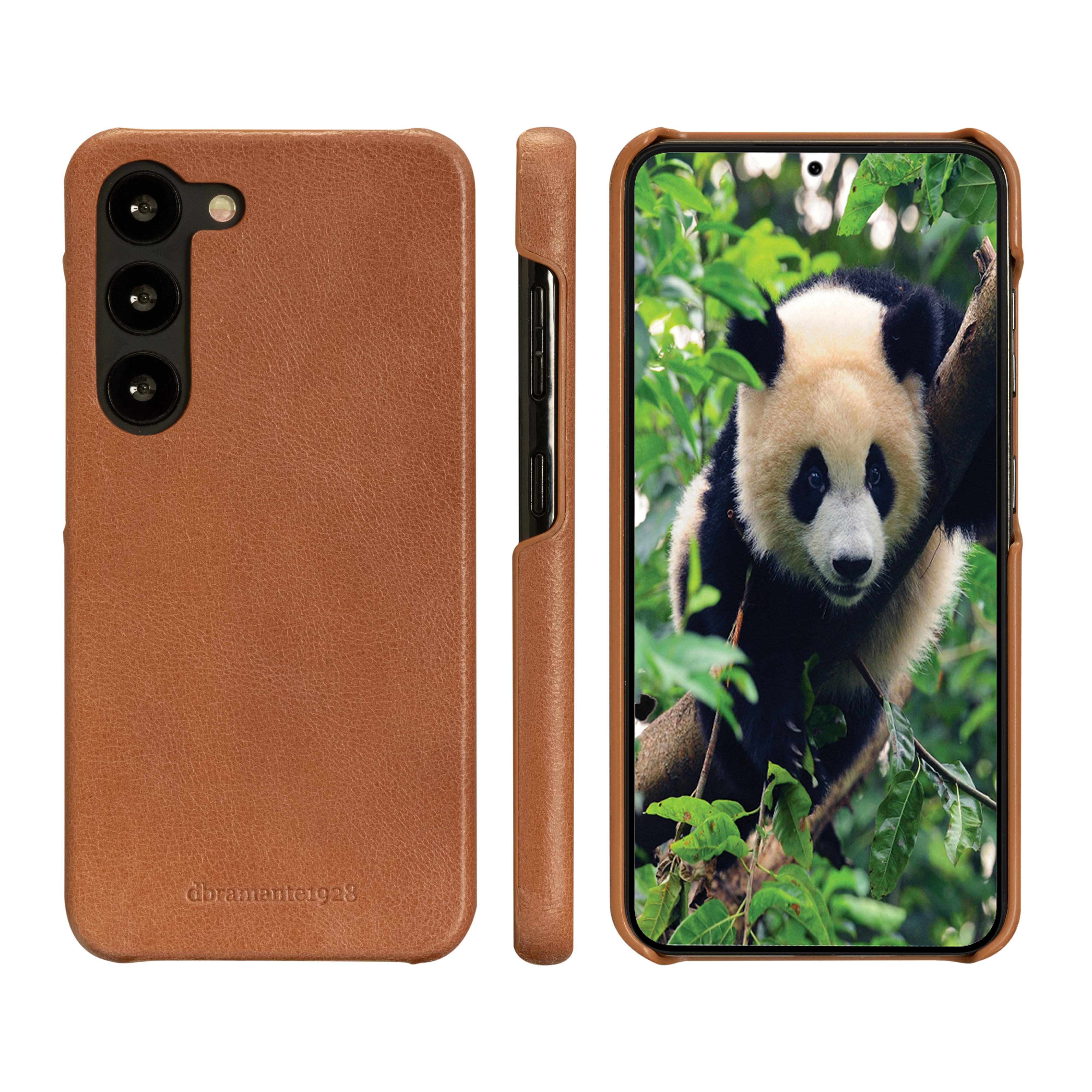 Custodia marrone con immagine di panda sullo schermo. La custodia è in similpelle.