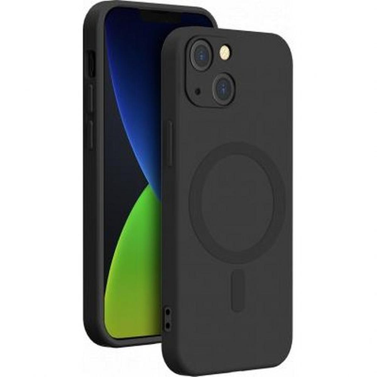 Zwei schwarze iPhone-Hüllen. Eines zeigt den Bildschirm mit Blau und Grün, das andere hat eine Kamera und einen Magnetkreis.