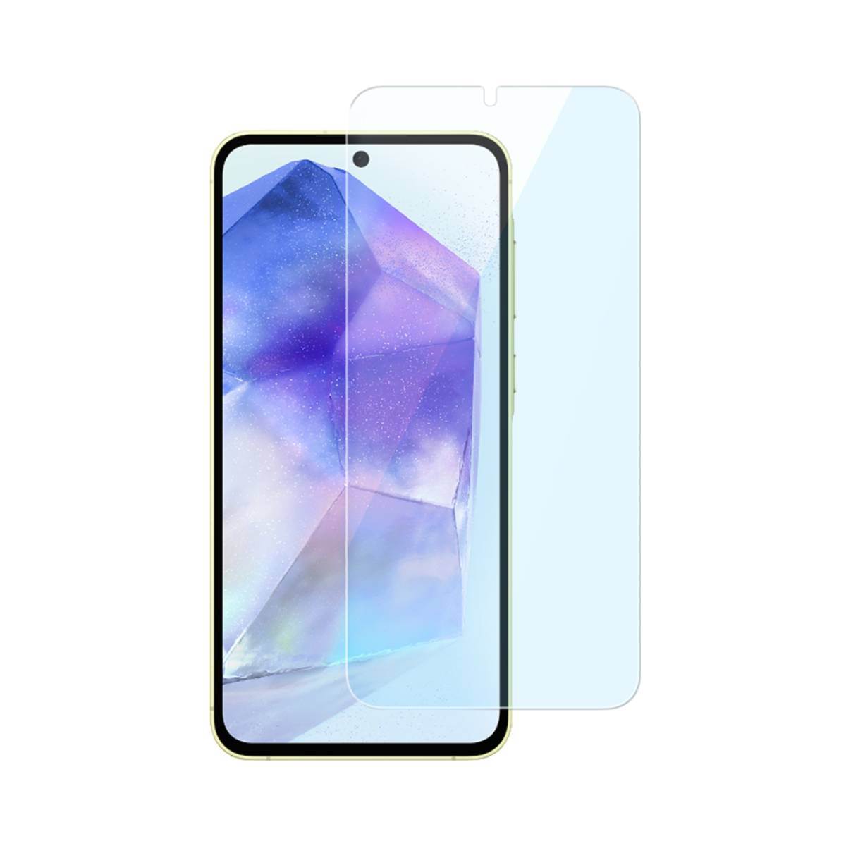 Un smartphone con protector de pantalla. El teléfono tiene un marco dorado y la pantalla muestra un diseño morado y azul. El protector es claro.