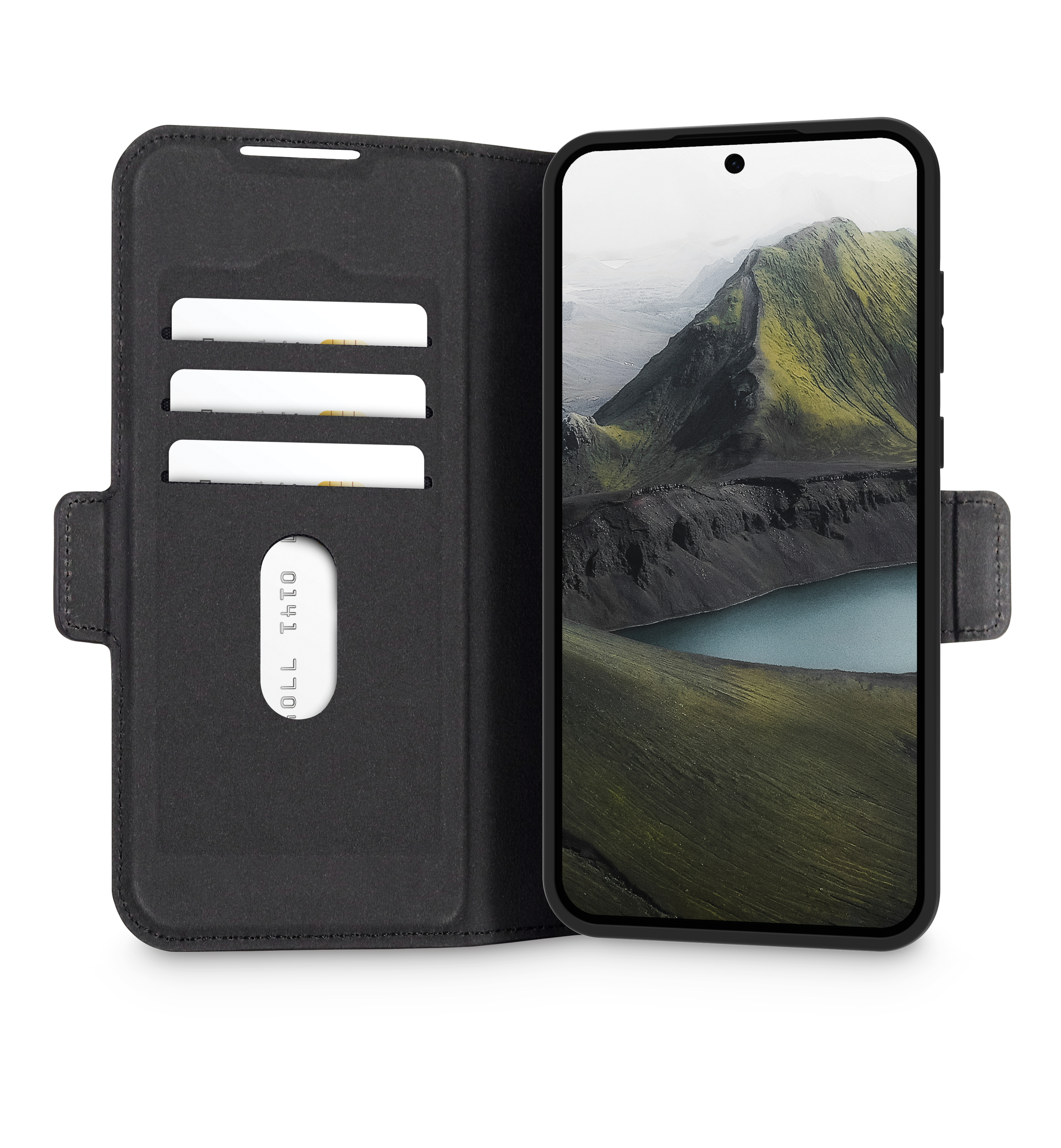 Étui de téléphone noir avec fentes pour cartes ouvertes, révélant un téléphone avec image de paysage.