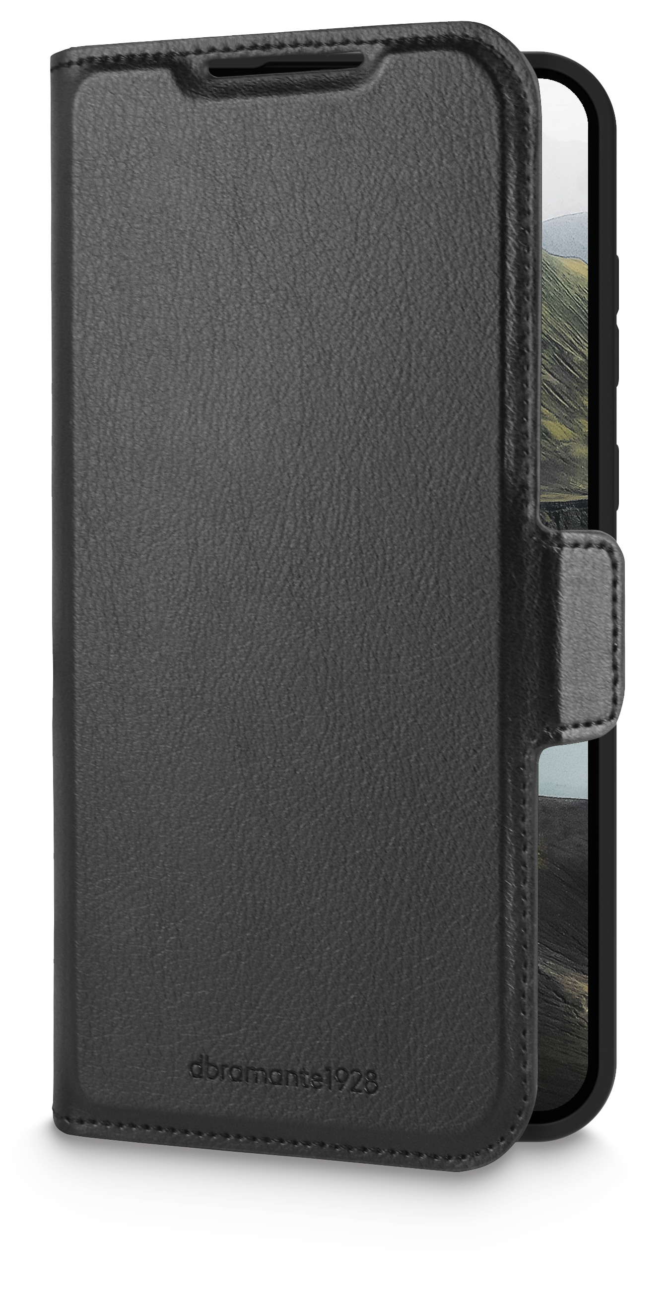 Un étui de téléphone en cuir noir est ouvert, révélant l'écran du téléphone. L'étui porte le logo 'abramante1928'.
