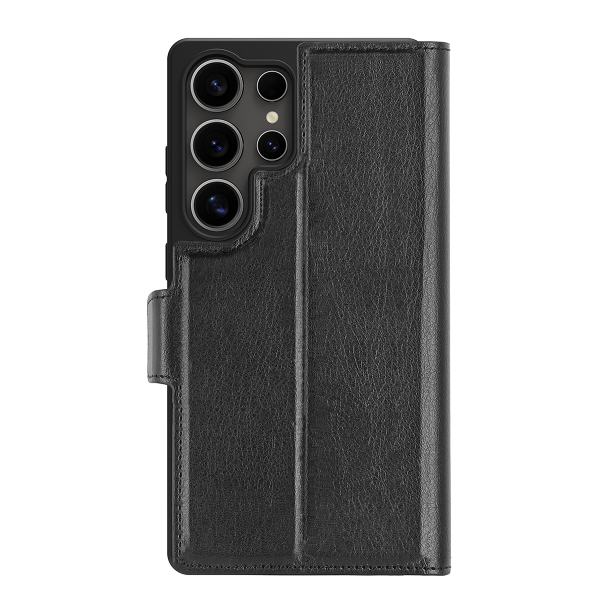 Una custodia nera per telefono con una trama in pelle. La custodia ha una copertura, una chiusura magnetica e più lenti.
