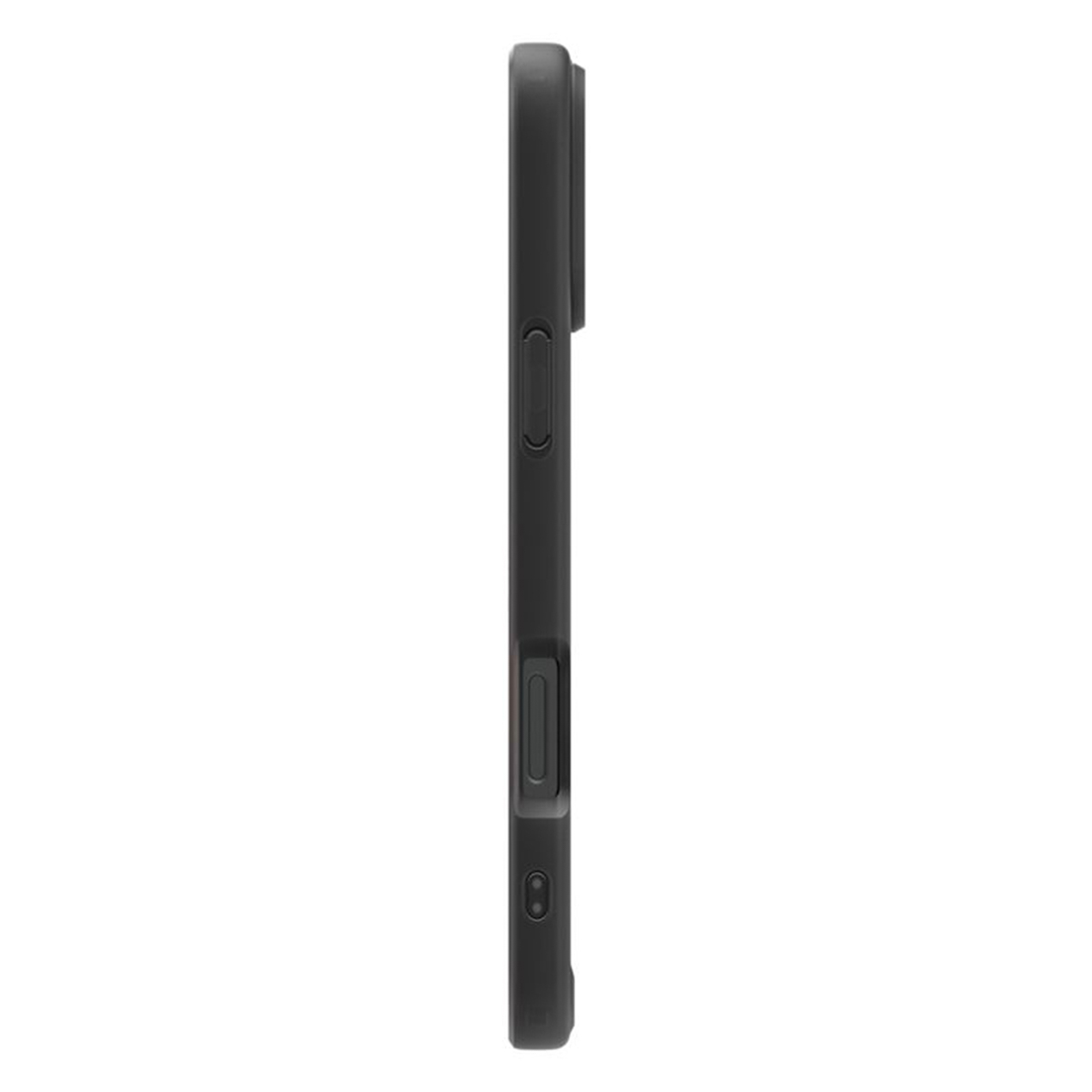 Eine schwarze Smartphone-Hülle, Seitenansicht. Sie hat Knöpfe an der Seite und einen Kameraausschnitt oben. Der Hintergrund ist weiß.