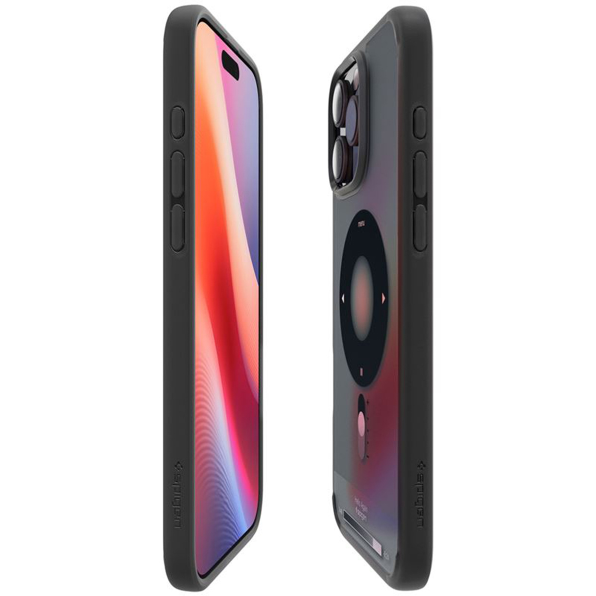 Zwei schwarze iPhone-Hüllen, eine mit farbenfroher Anzeige, die andere mit kreisförmigem Design und Kameralinsen.