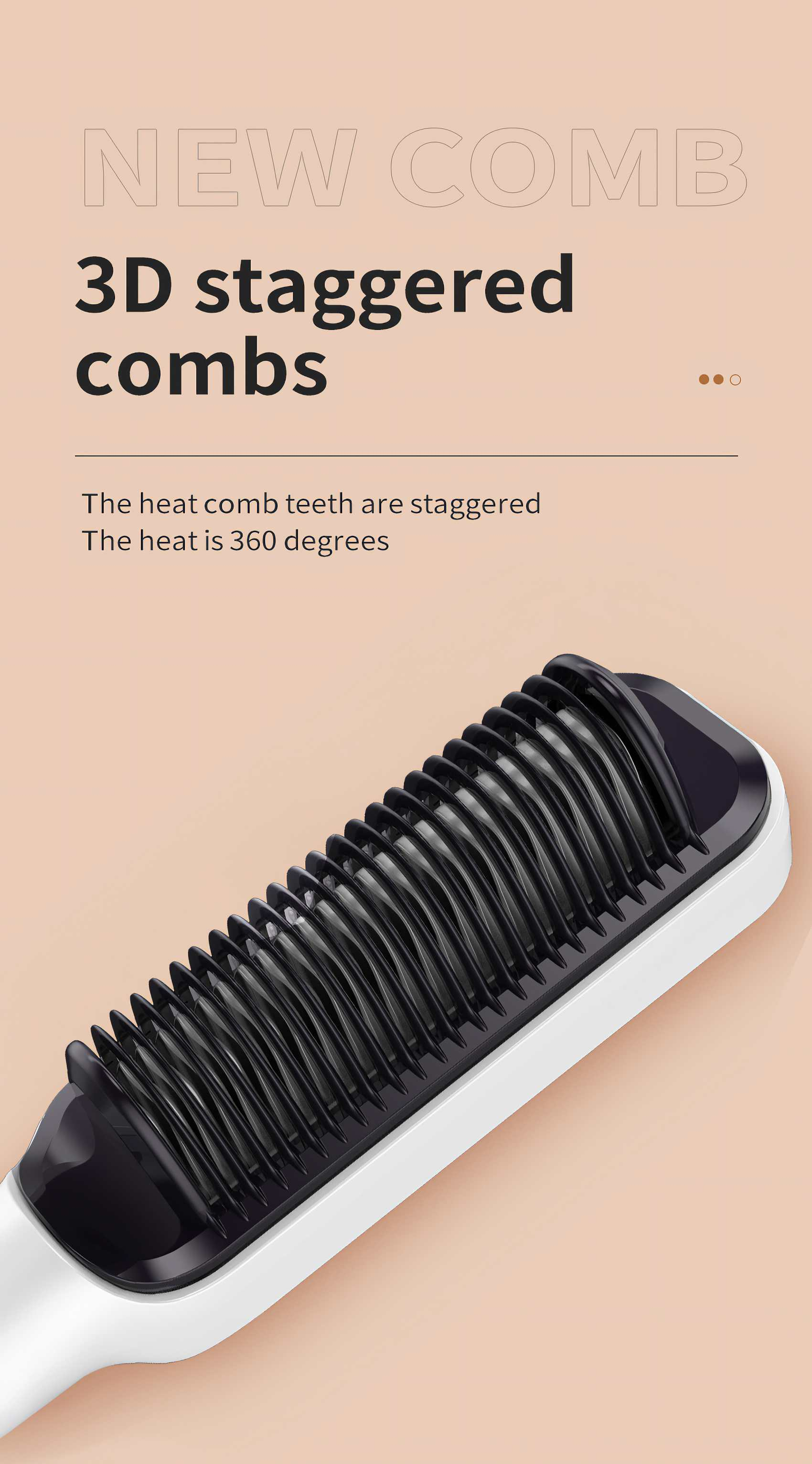 Ein schwarz-weißer Haarglätter mit 3D-versetzten Kämmen ist abgebildet, mit dem Text: New Comb, 3D-versetzte Kämme.
