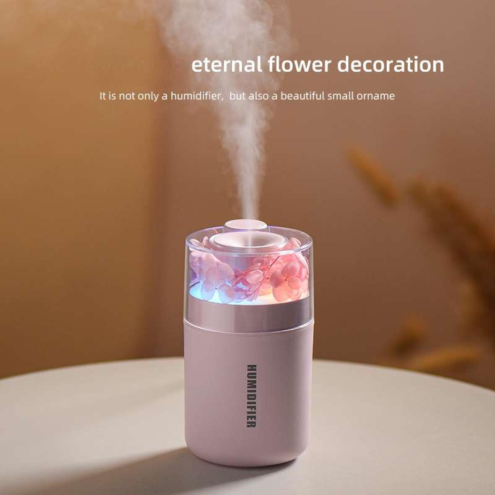 Ein rosa Luftbefeuchter mit Dampf, inneren Blumen und einem transparenten Deckel. Text: ewige Blumendekoration.