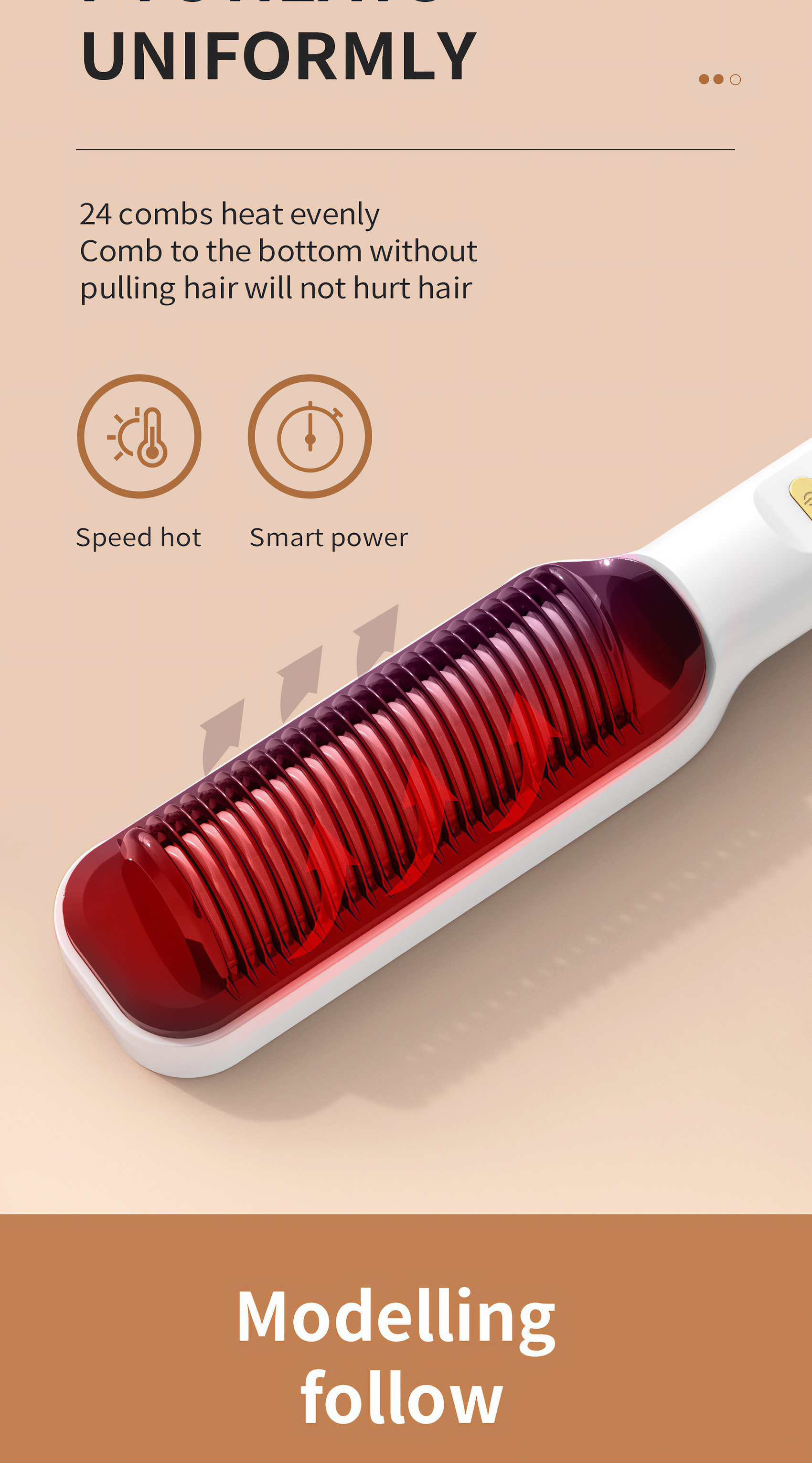 Ein Haarglätter mit roten Heizelementen. Der Text lautet: 'Speed hot' und 'Smart power'. Der Hintergrund ist hellbraun.