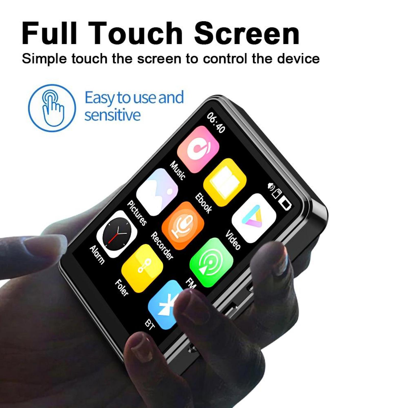 Eine Hand hält ein Touchscreen-Gerät. Auf dem Bildschirm werden Symbole für Musik, Video und andere Apps angezeigt.