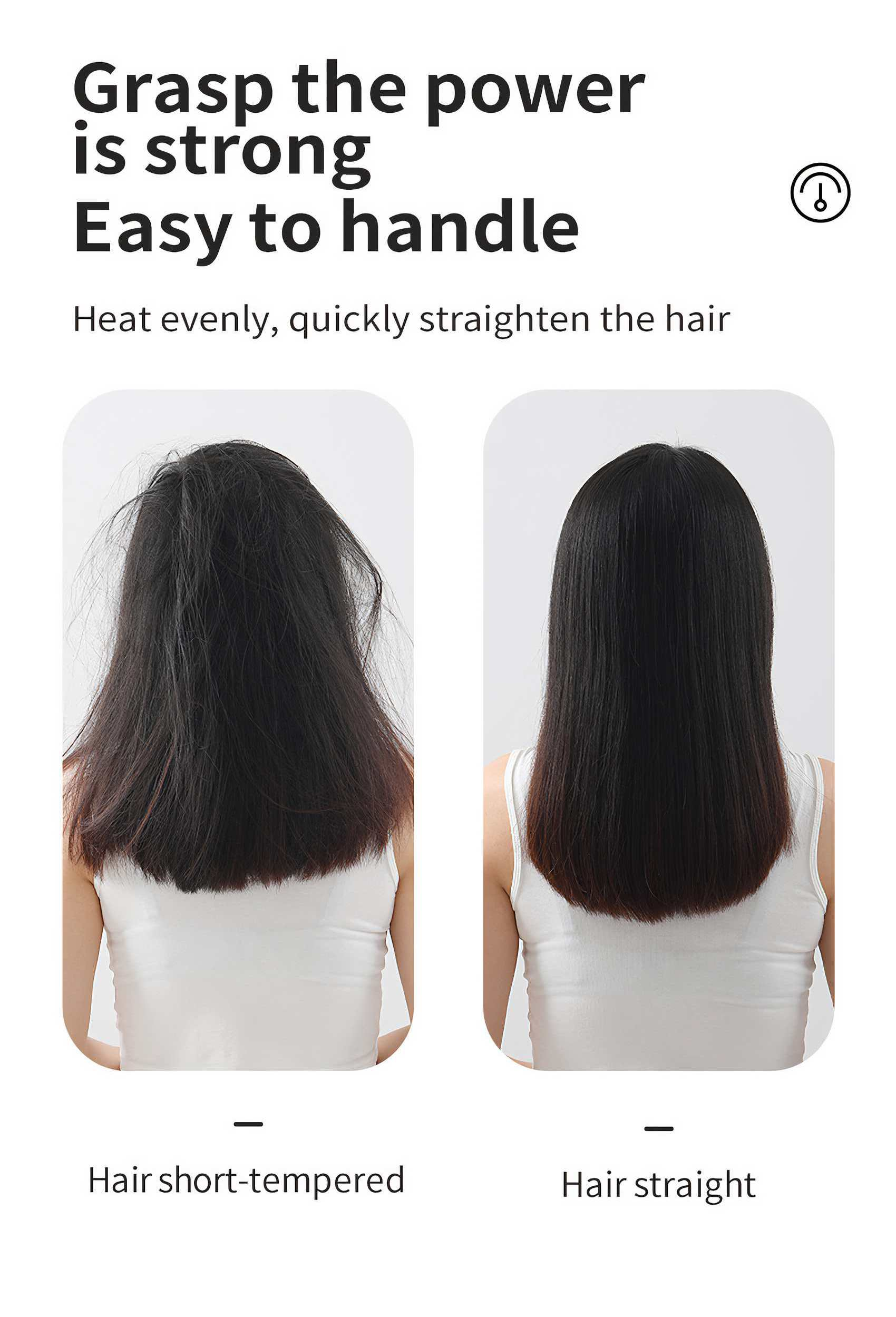 Das Bild zeigt Haare vor und nach dem Glätten. Links krauses Haar, rechts glattes, glattes Haar.