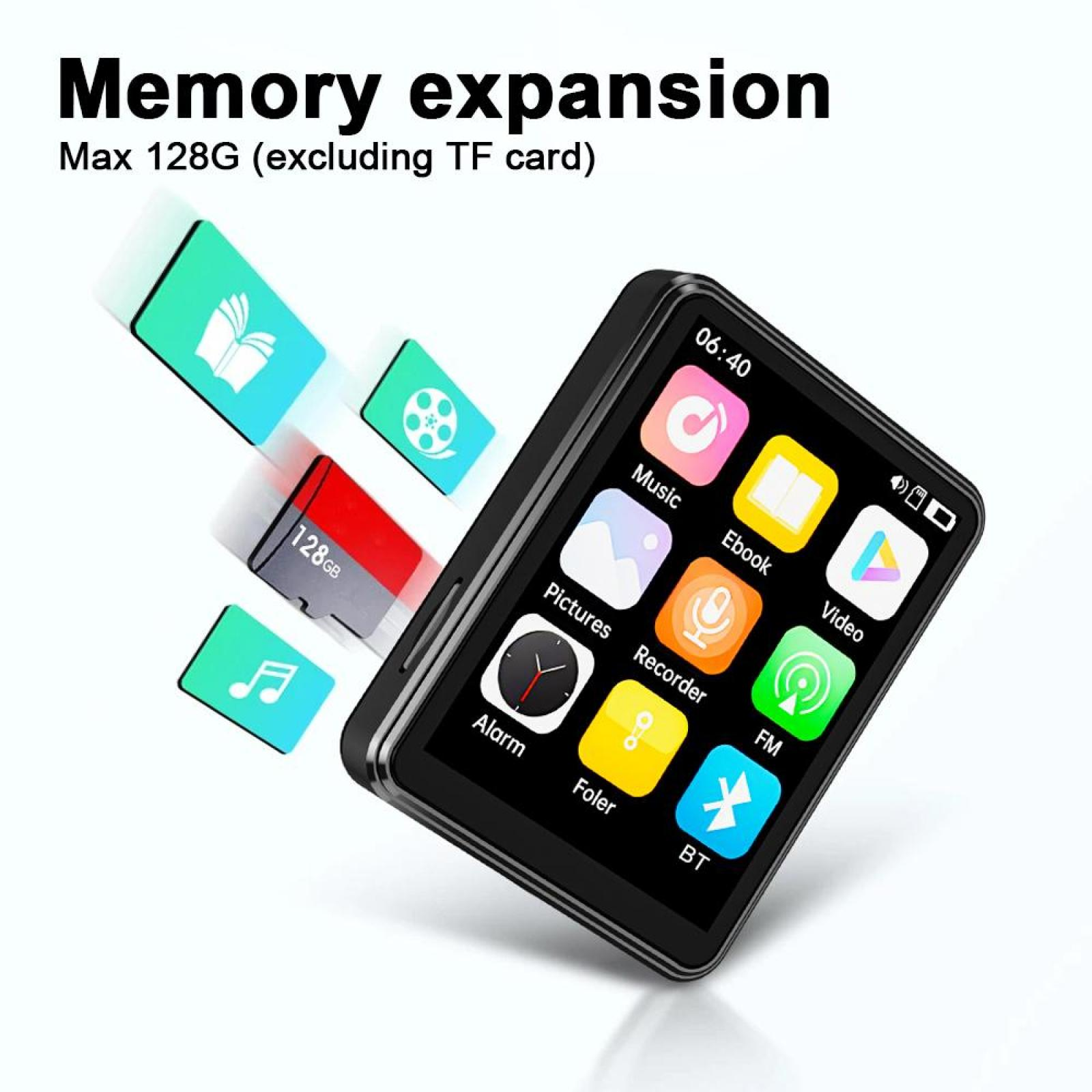 Ein schwarzer MP3-Player mit Bildschirm und Symbolen. Eine 128-GB-Speicherkarte und andere Symbole schweben darüber.