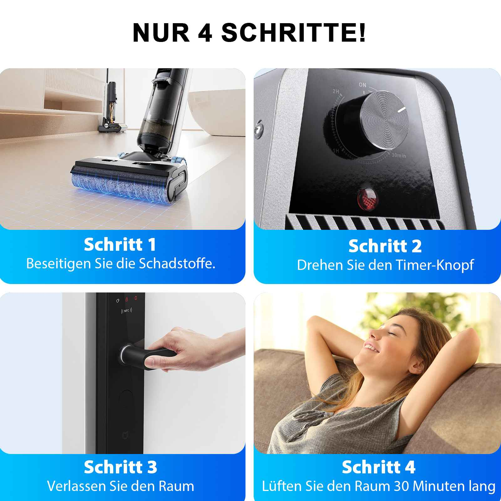Das Bild zeigt vier Schritte: Reinigen, Verwenden eines Timers, Verlassen eines Raumes und Lüften. Jeder Schritt ist illustriert und nummeriert.