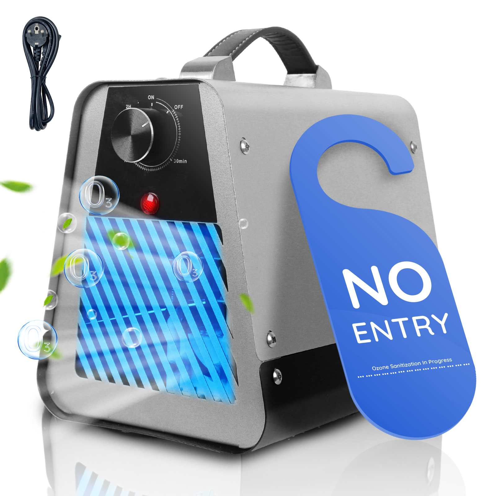 Ein Ozonsanitizer mit einem Schild 'No Entry'. Er hat einen Timer und ein Netzkabel. Blasen und Blätter schweben darum.