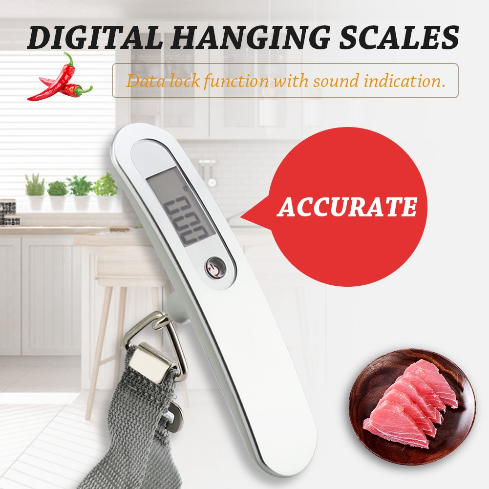 Eine digitale Hängewaage mit silbernem Gehäuse. Ein roter Kreis mit dem Text 'ACCURATE' befindet sich rechts. Unten ein Holzteller mit Fisch.