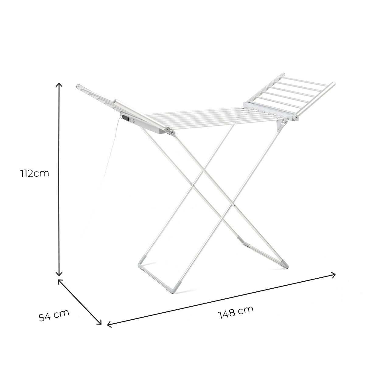 Ein weißer Wäscheständer wird angezeigt. Die Abmessungen sind beschriftet: 112 cm hoch, 54 cm breit und 148 cm lang.