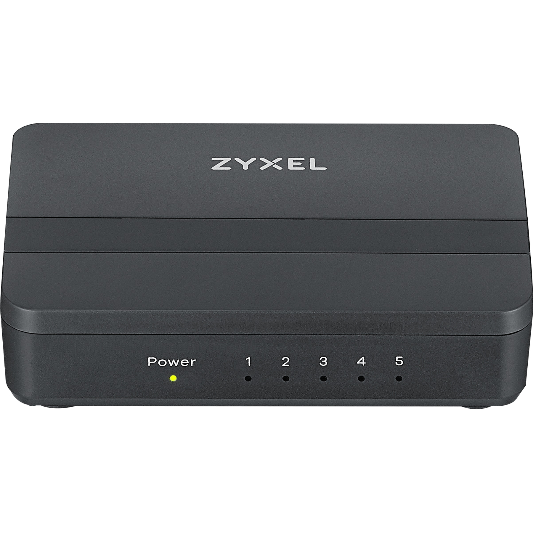 Ein schwarzer Zyxel-Netzwerk-Switch. Er hat Strom- und nummerierte Anschlüsse. Die Betriebsanzeige leuchtet.