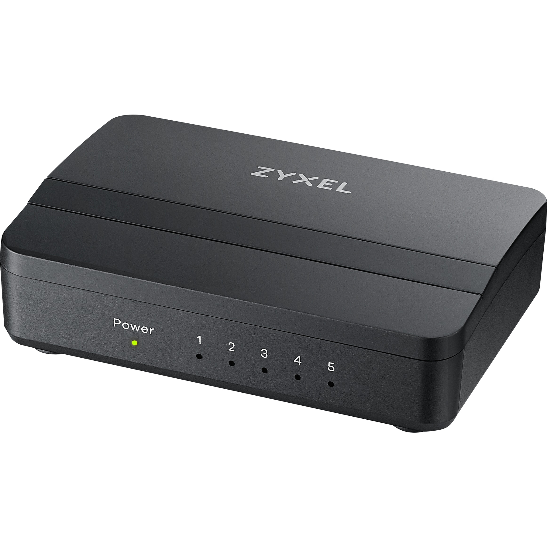 Schwarzer ZyXEL-Netzwerk-Switch mit Strom- und Portanzeigen. Das Gerät hat den Markennamen oben und die Portnummern 1-5.