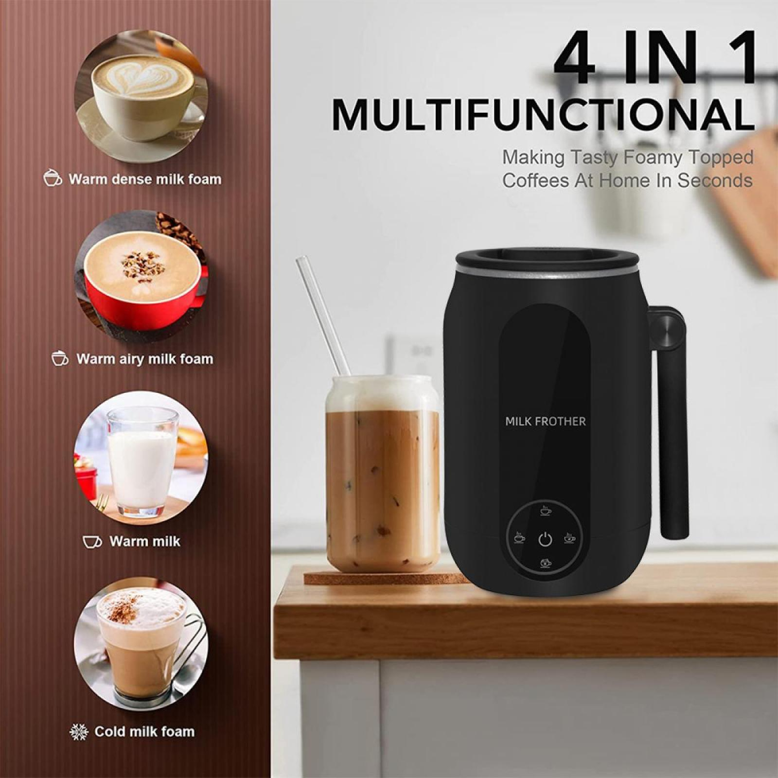 Das Bild zeigt einen Milchaufschäumer sowie Beispiele für Kaffeegetränke. Der Text lautet 4 in 1 und multifunktional.