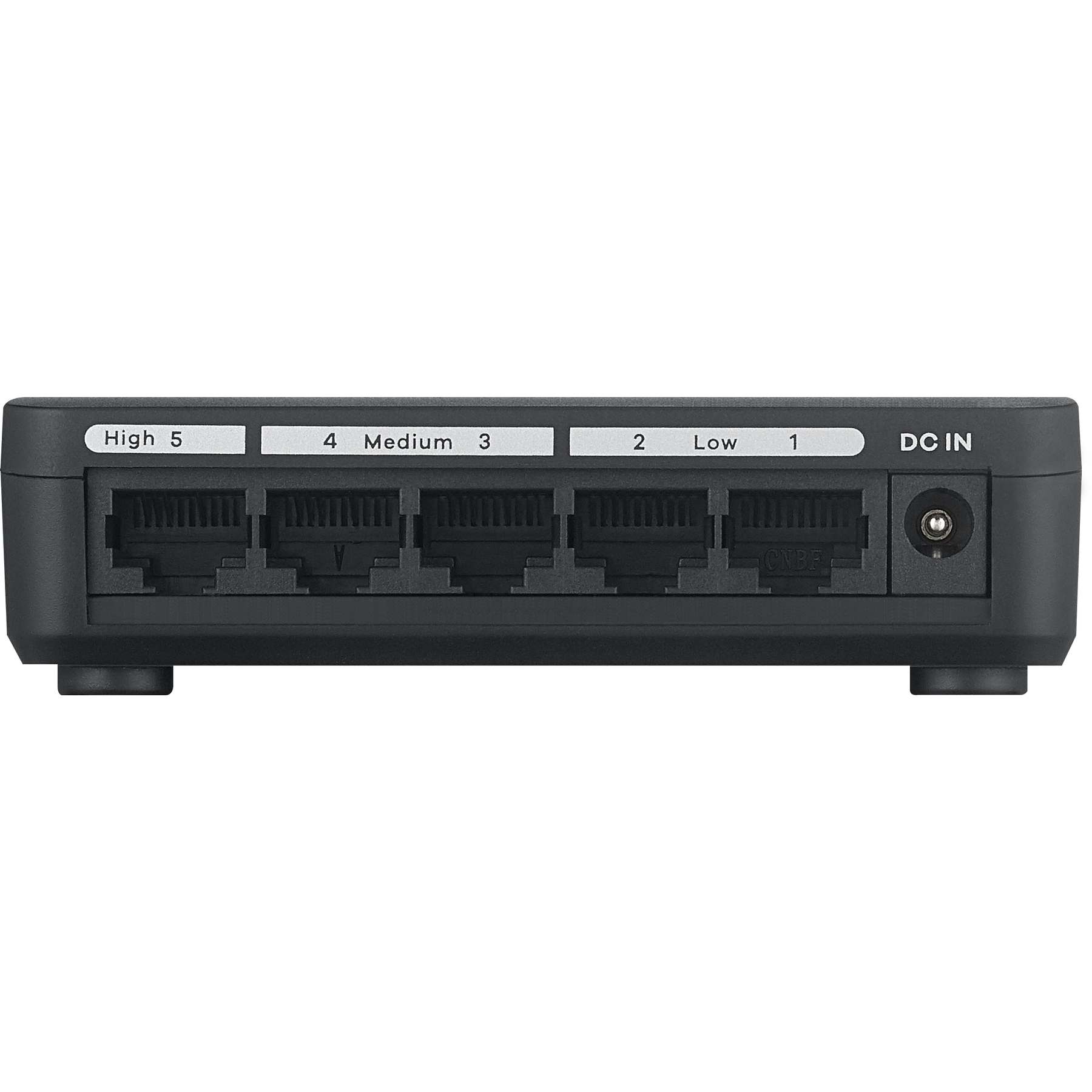 Ein schwarzer Netzwerk-Switch mit fünf Ethernet-Anschlüssen, beschriftet mit High 5, 4 Medium, 3, 2 Low, 1 und DC IN.