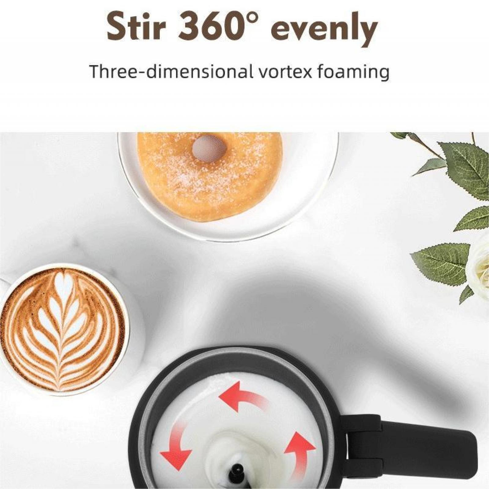 Das Bild zeigt einen Latte, einen Donut und ein Aufschäumgerät. Der Text lautet 'Gleichmäßig 360° rühren' und 'Dreidimensionales Wirbelschäumen'.