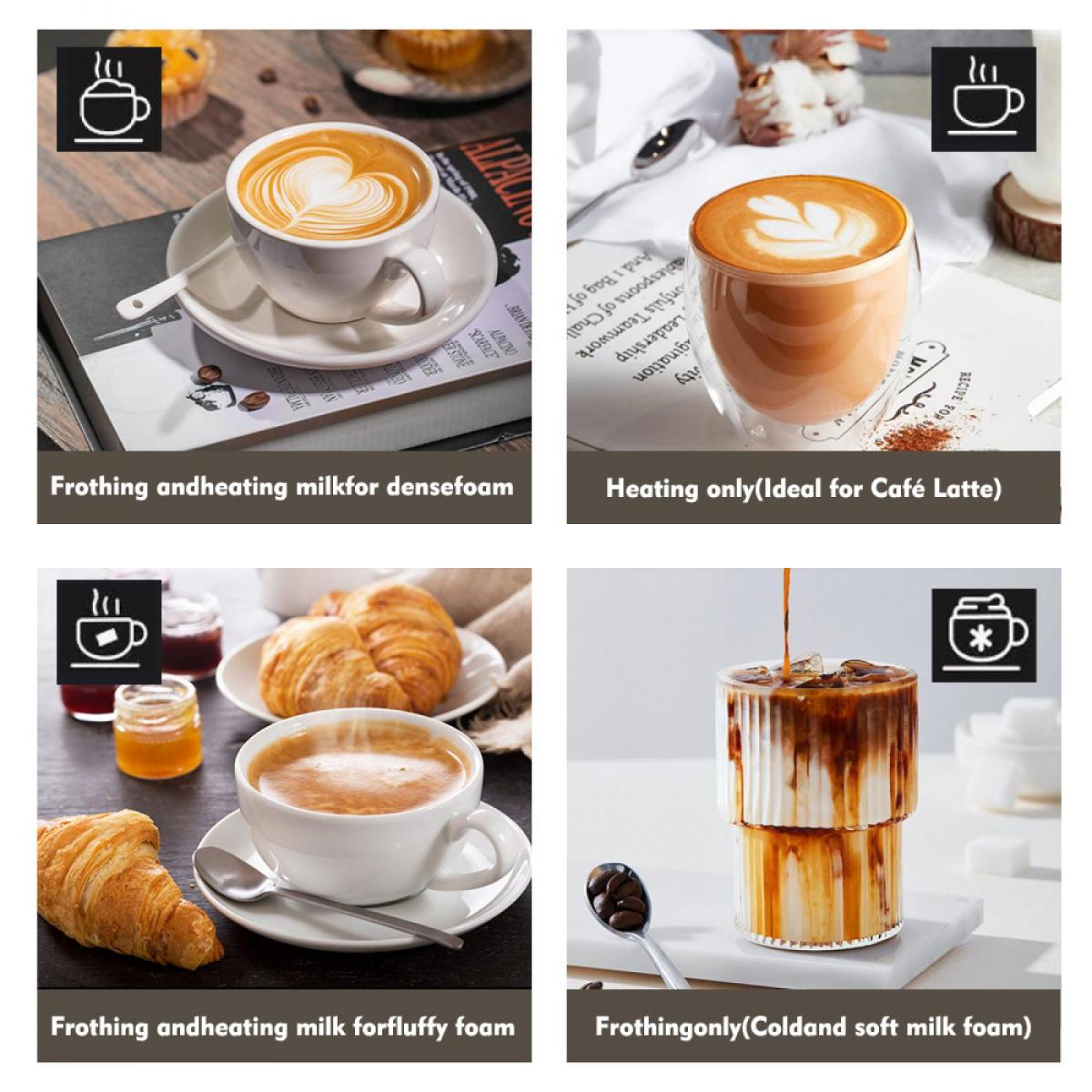 Vier Bilder zeigen verschiedene Kaffeegetränke. Eines hat Latte Art. Andere zeigen Schaum- und kalte Milchgetränke mit Textbeschreibungen.