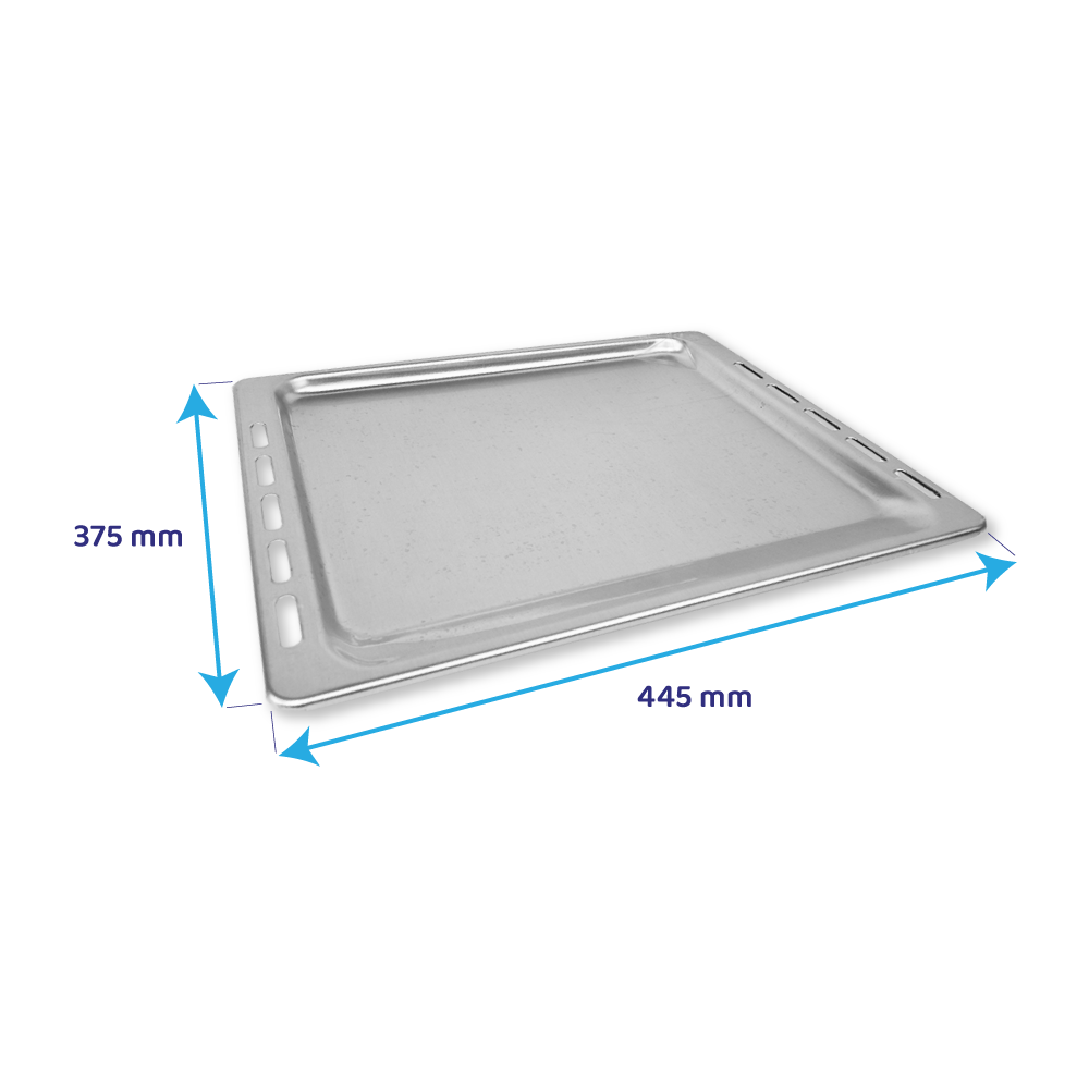 Vassoio da forno in acciaio inossidabile con dimensioni di 445mm x 375mm. Frecce blu e testo indicano le misure.