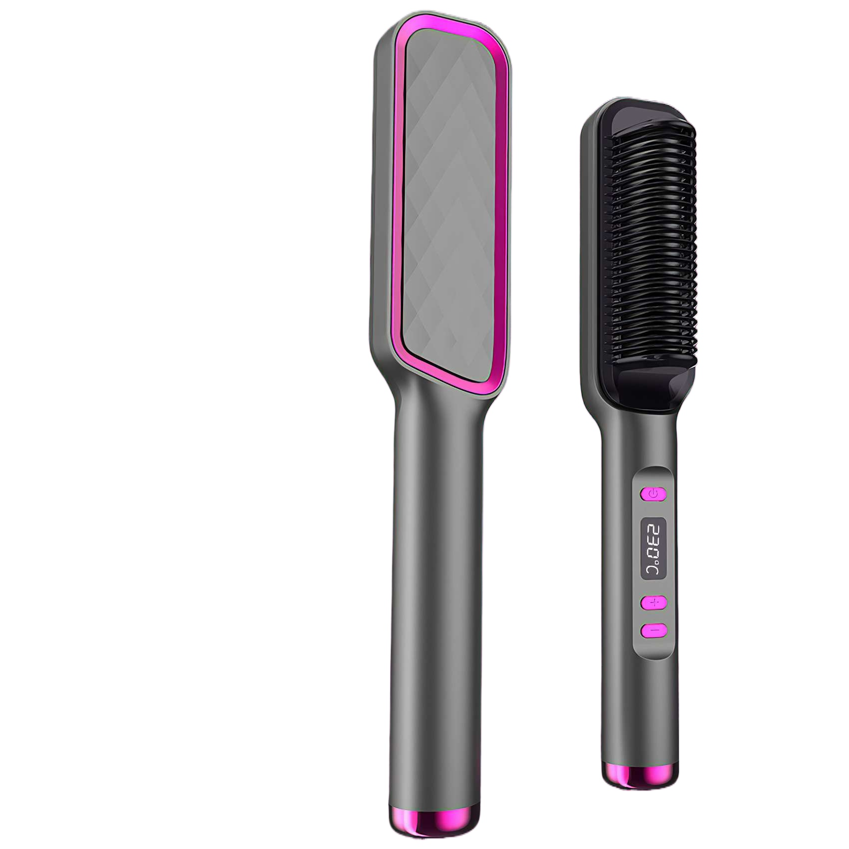 Zwei Haarstyling-Werkzeuge, eines flach, eines mit Borsten. Beide sind grau mit rosa Akzenten. Das Glätteisen hat ein Digitaldisplay.