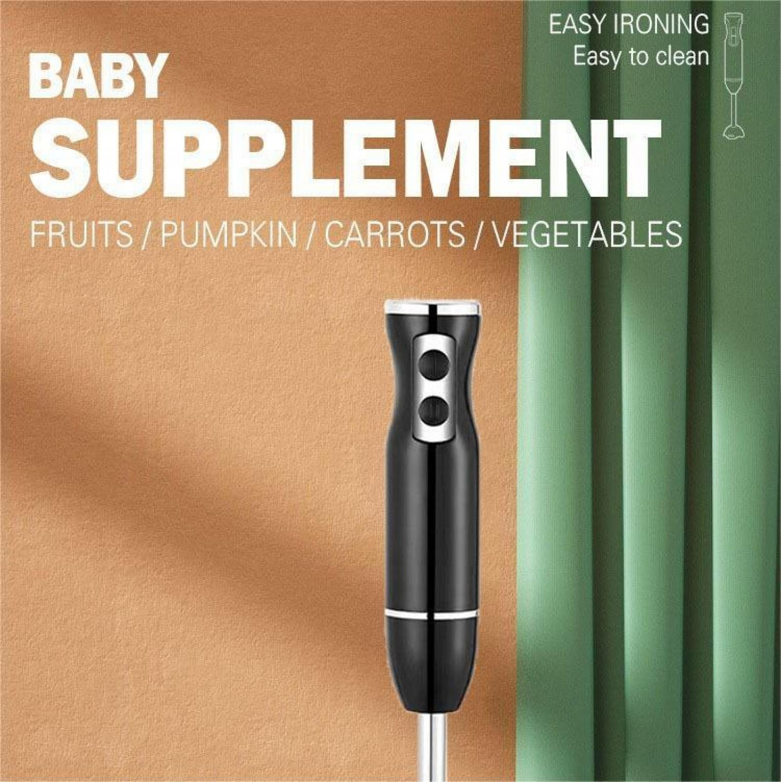 Das Bild zeigt 'BABY SUPPLEMENT'. Es zeigt einen Mixer und Text über Obst und Gemüse. Der Hintergrund ist braun und grün.