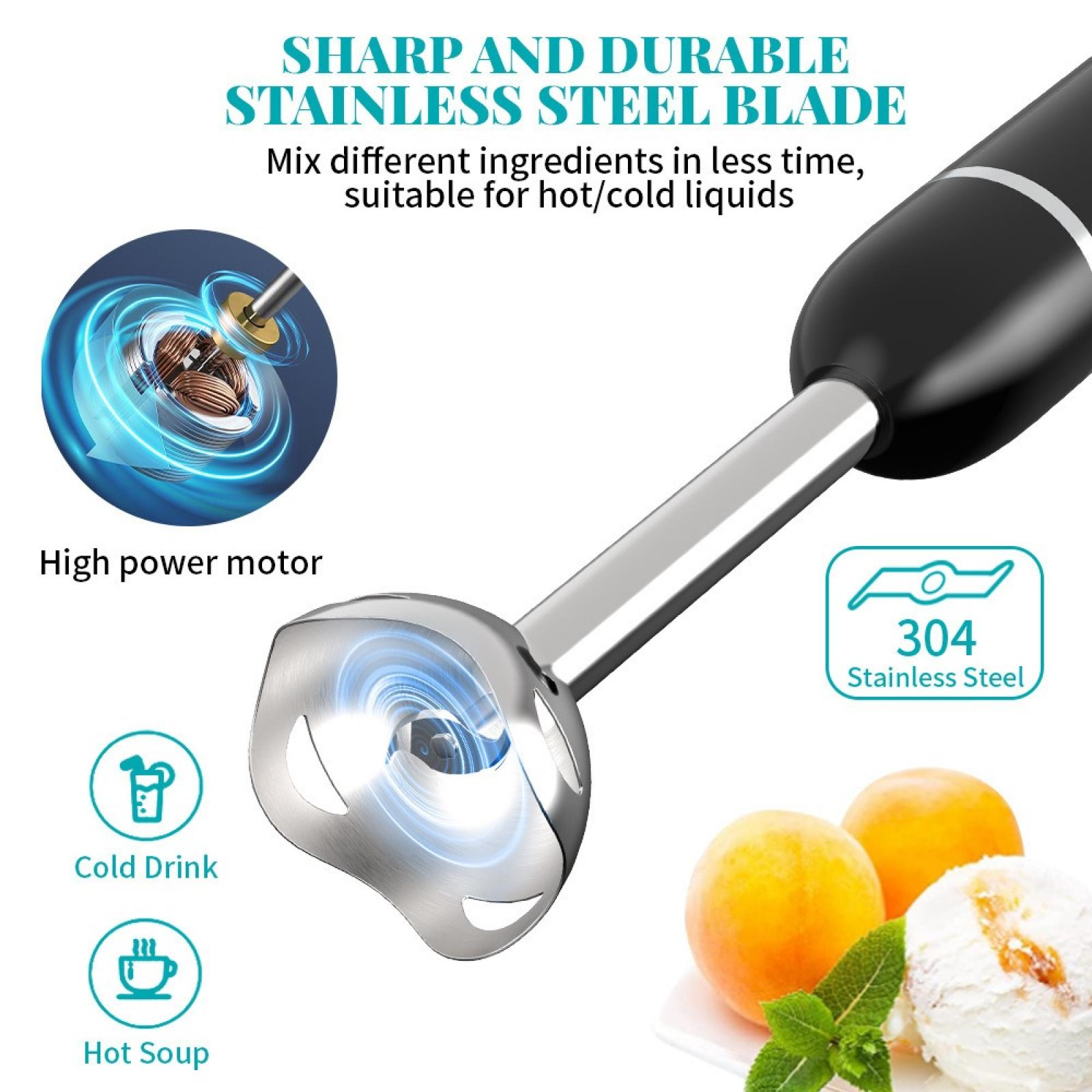 Ein Edelstahl-Mixer mit Motor und Symbolen für kalte Getränke und heiße Suppe, mit Früchten. Er hat Text darauf.