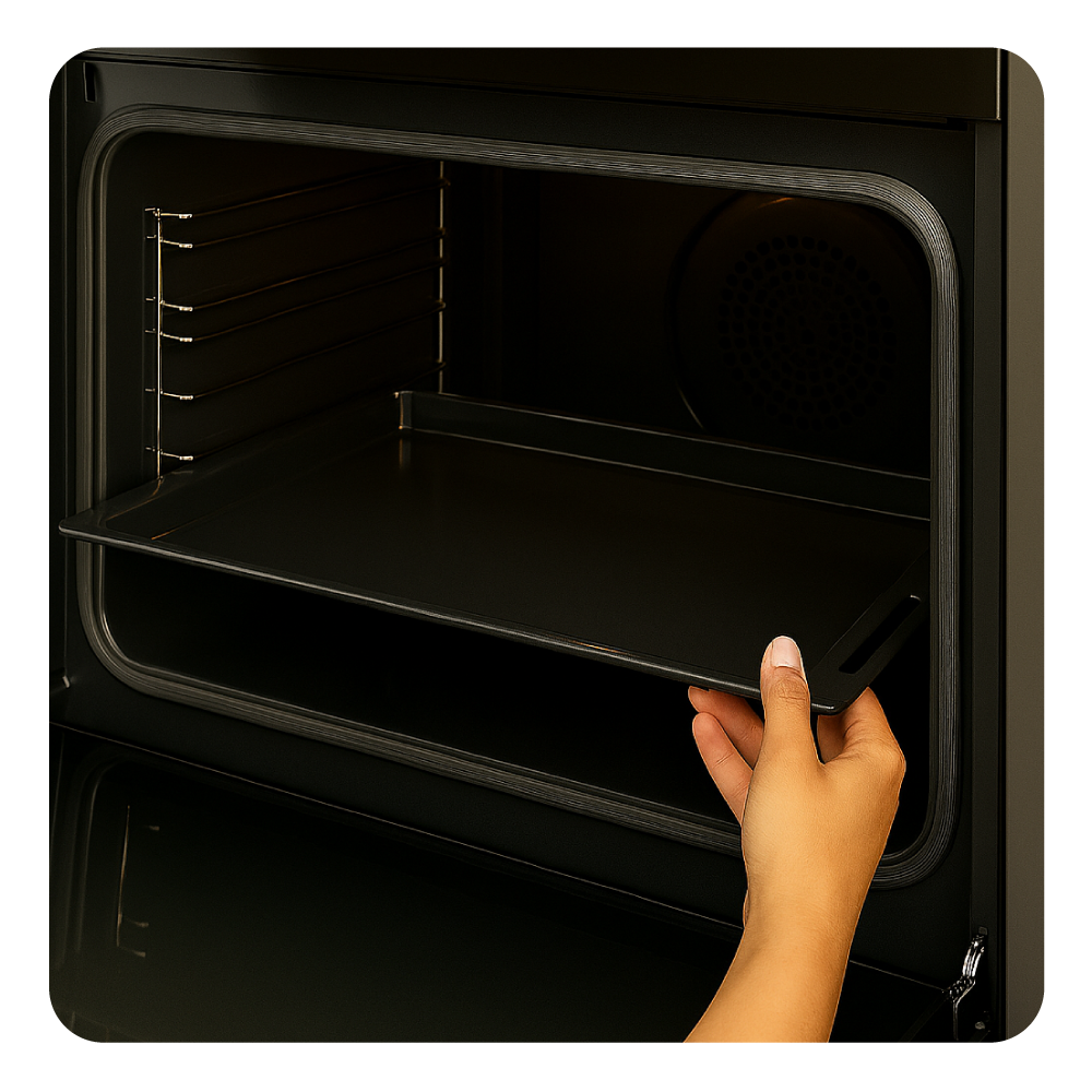 Eine Hand zieht ein schwarzes Backblech aus einem dunklen Backofen. Der Ofen ist schwarz und hat Metallgestelle.