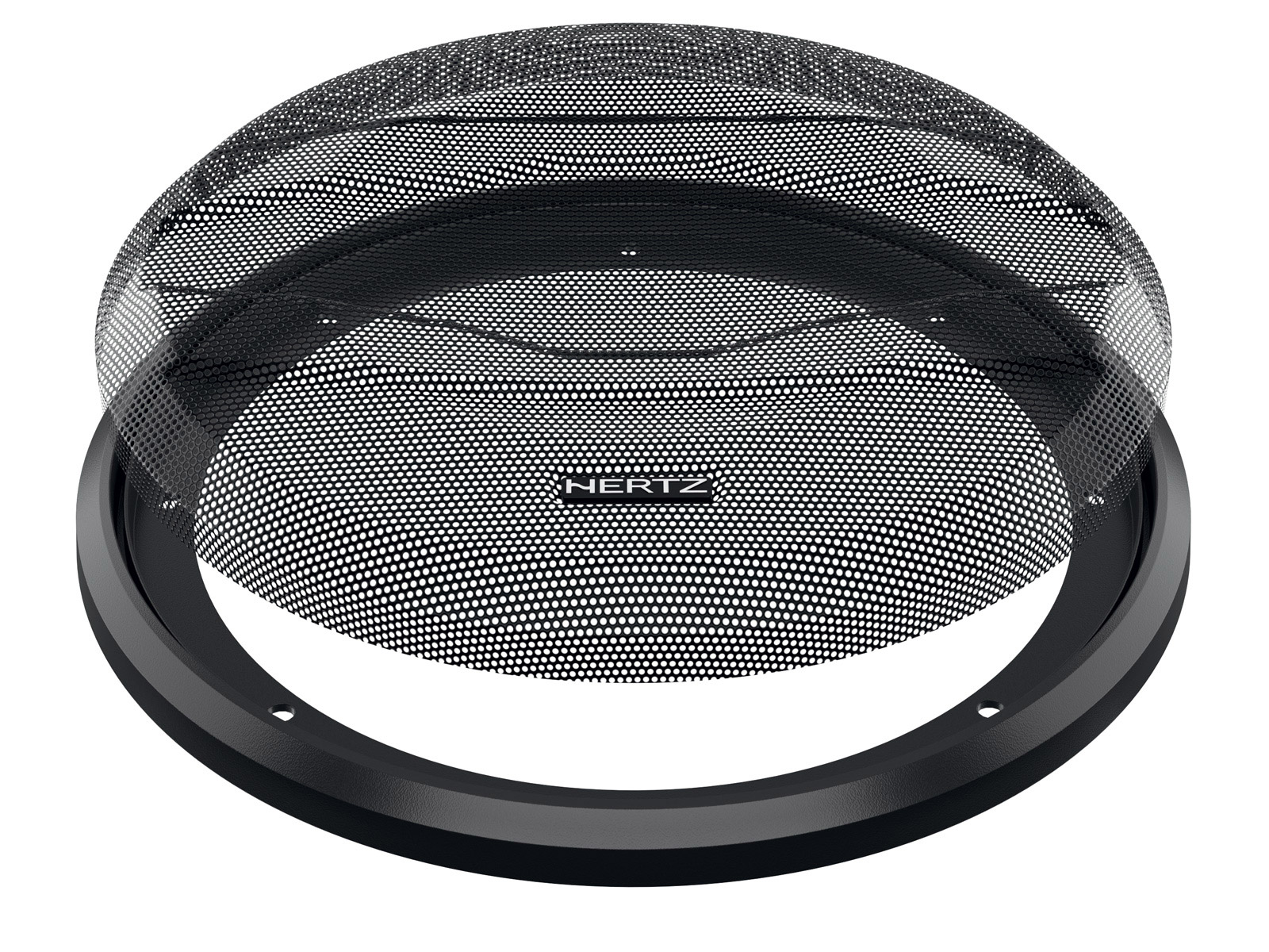 Eine schwarze Lautsprecherabdeckung mit Mesh-Design. Die Abdeckung hat eine runde Form mit dem Markennamen Hertz.