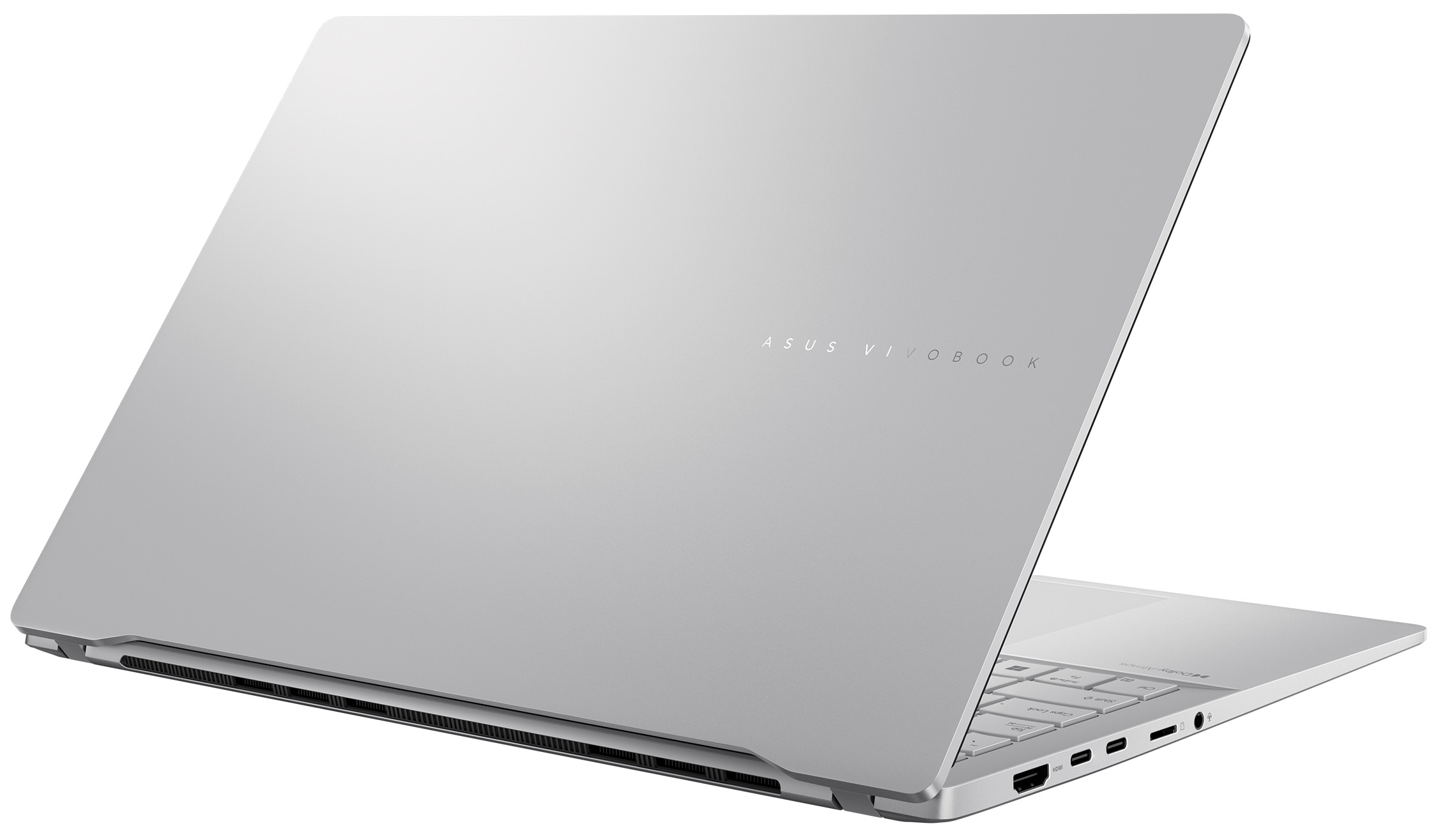 Silberner ASUS Vivobook Laptop auf weißem Hintergrund. Der Deckel ist leicht geöffnet und zeigt Tastatur und Anschlüsse.