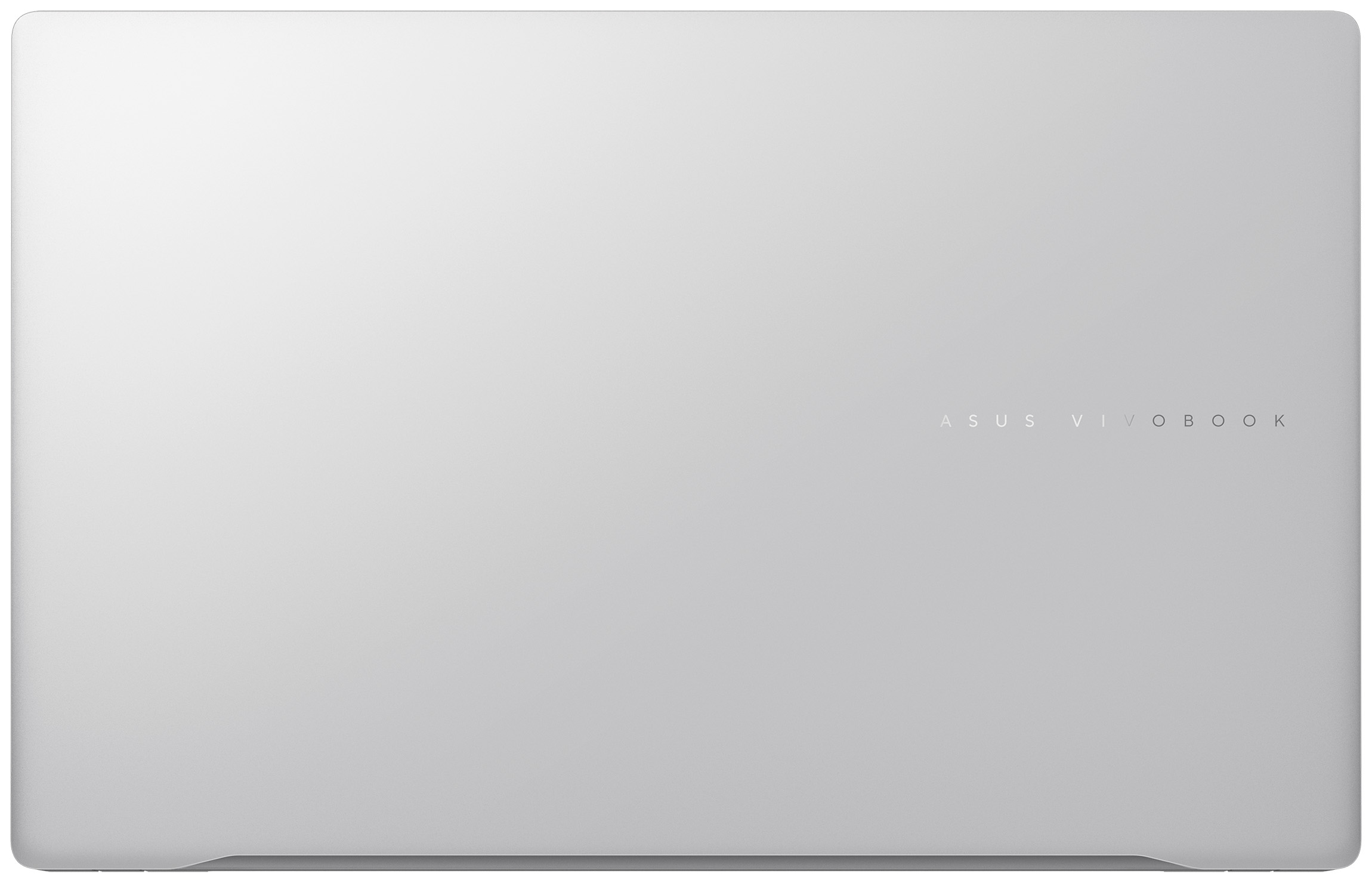 Silberner Laptopdeckel mit ASUS VIVOBOOK-Text. Die Oberfläche ist glatt. Der Laptop ist geschlossen. Der Hintergrund ist schlicht.