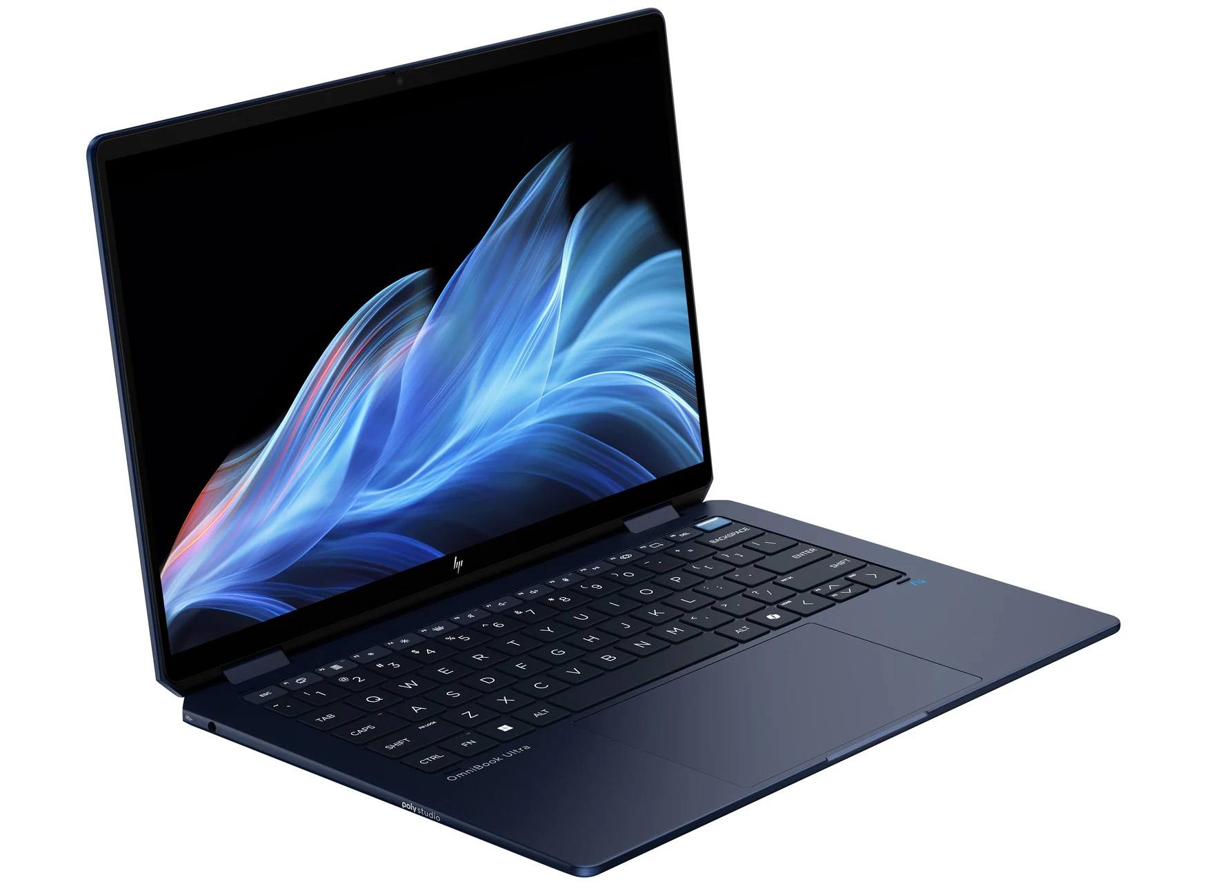 Ein dunkelblauer HP OmniBook Ultra Laptop. Der Bildschirm zeigt blaue und weiße abstrakte Kunst. Die Tastatur ist sichtbar.