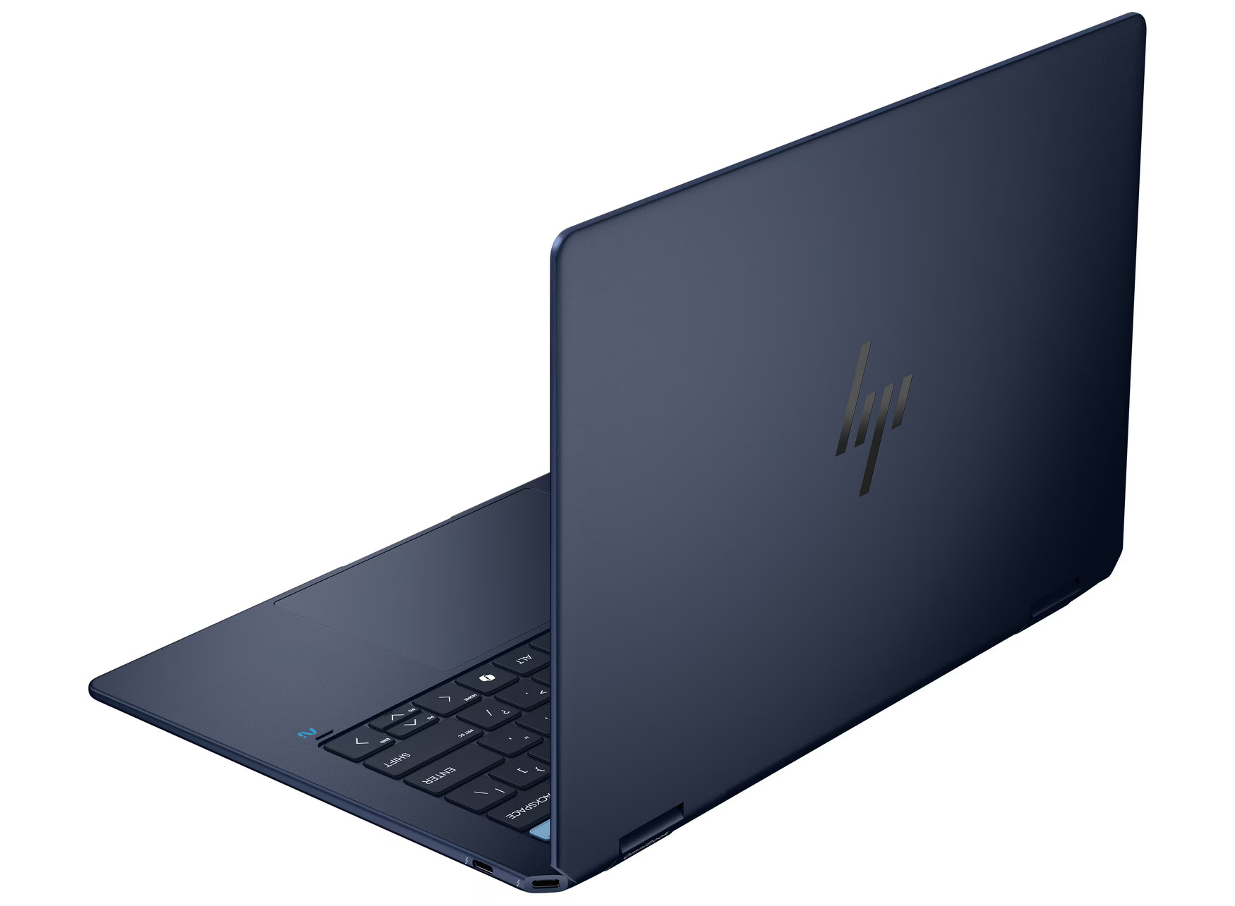 Ein marineblauer HP-Laptop ist teilweise geöffnet. Die Tastatur ist sichtbar, das HP-Logo auf dem Deckel.