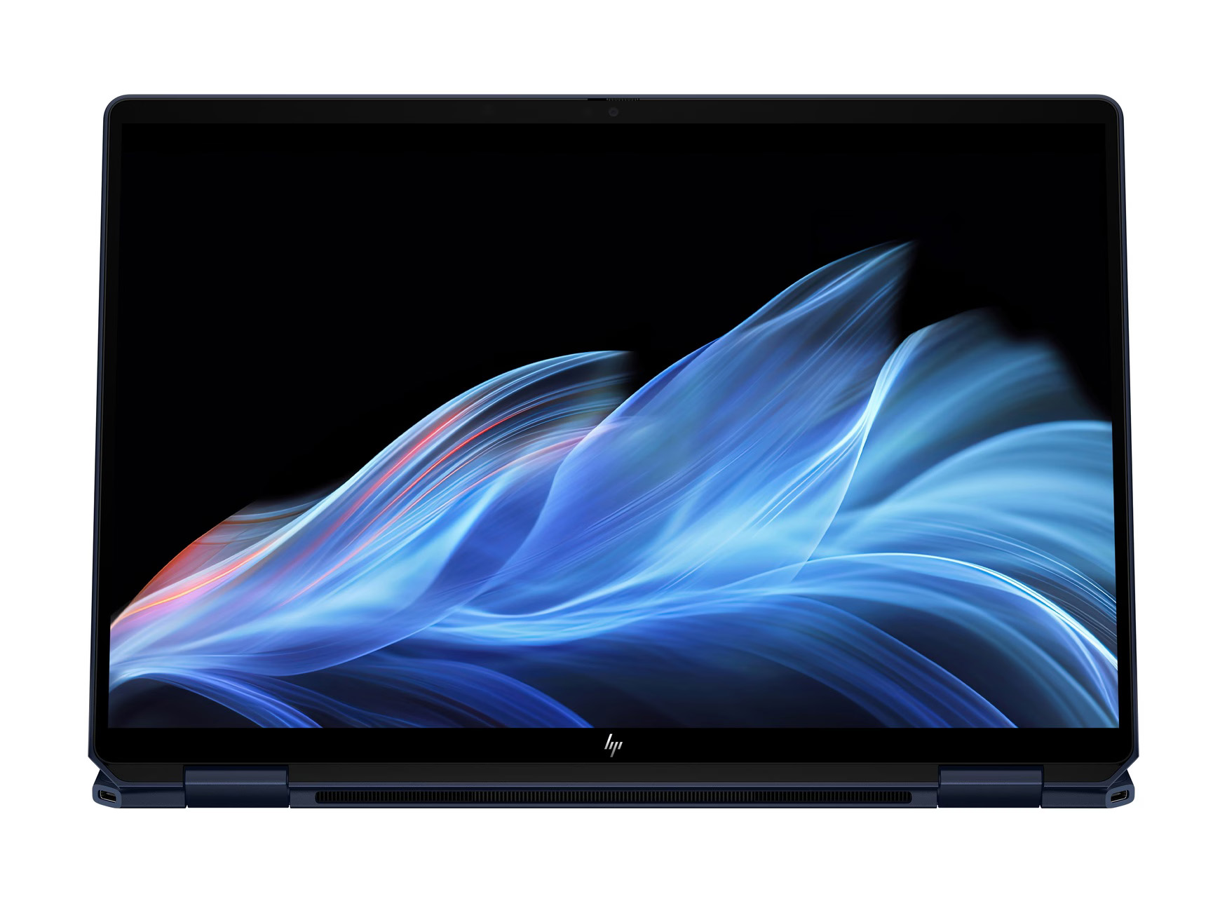 Ein dunkelblauer Laptop ist geöffnet und zeigt ein blaues, abstraktes, wellenartiges Design auf dem Bildschirm. Das HP-Logo befindet sich unten.