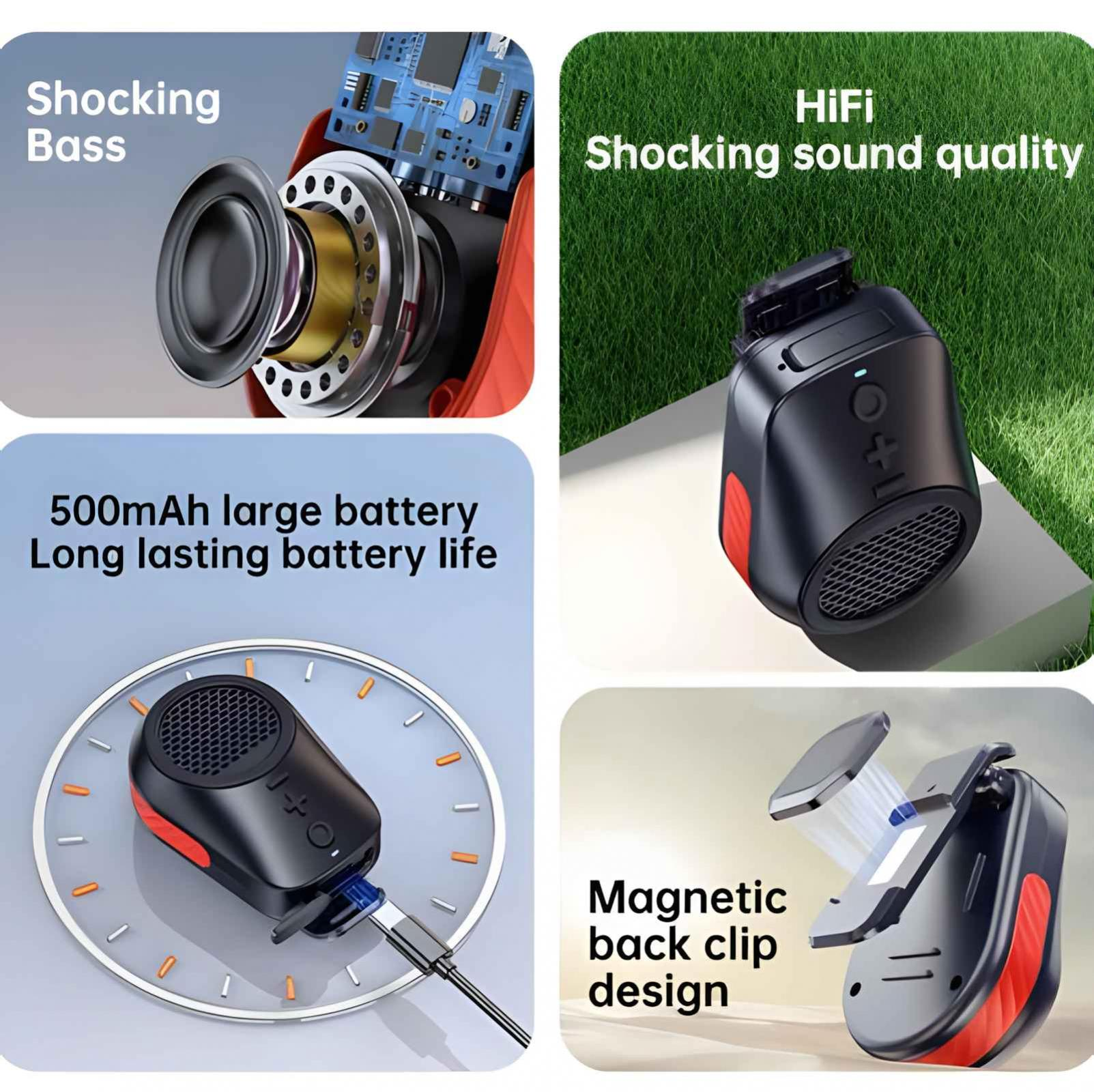 Ein Lautsprecher, der seine Funktionen zeigt: schockierender Bass, 500-mAh-Akku, HiFi-Sound und magnetisches Rückclip-Design. Schwarz-rotes Farbschema.