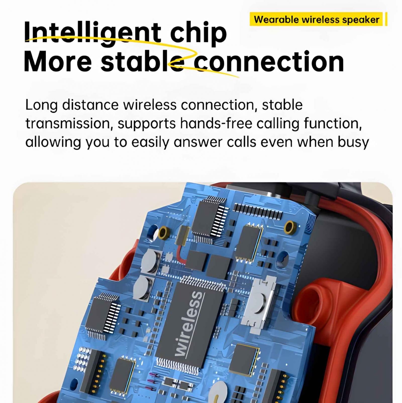 Eine blaue Leiterplatte mit Wireless-Chip, roten Akzenten und Text über drahtlose Lautsprecher.