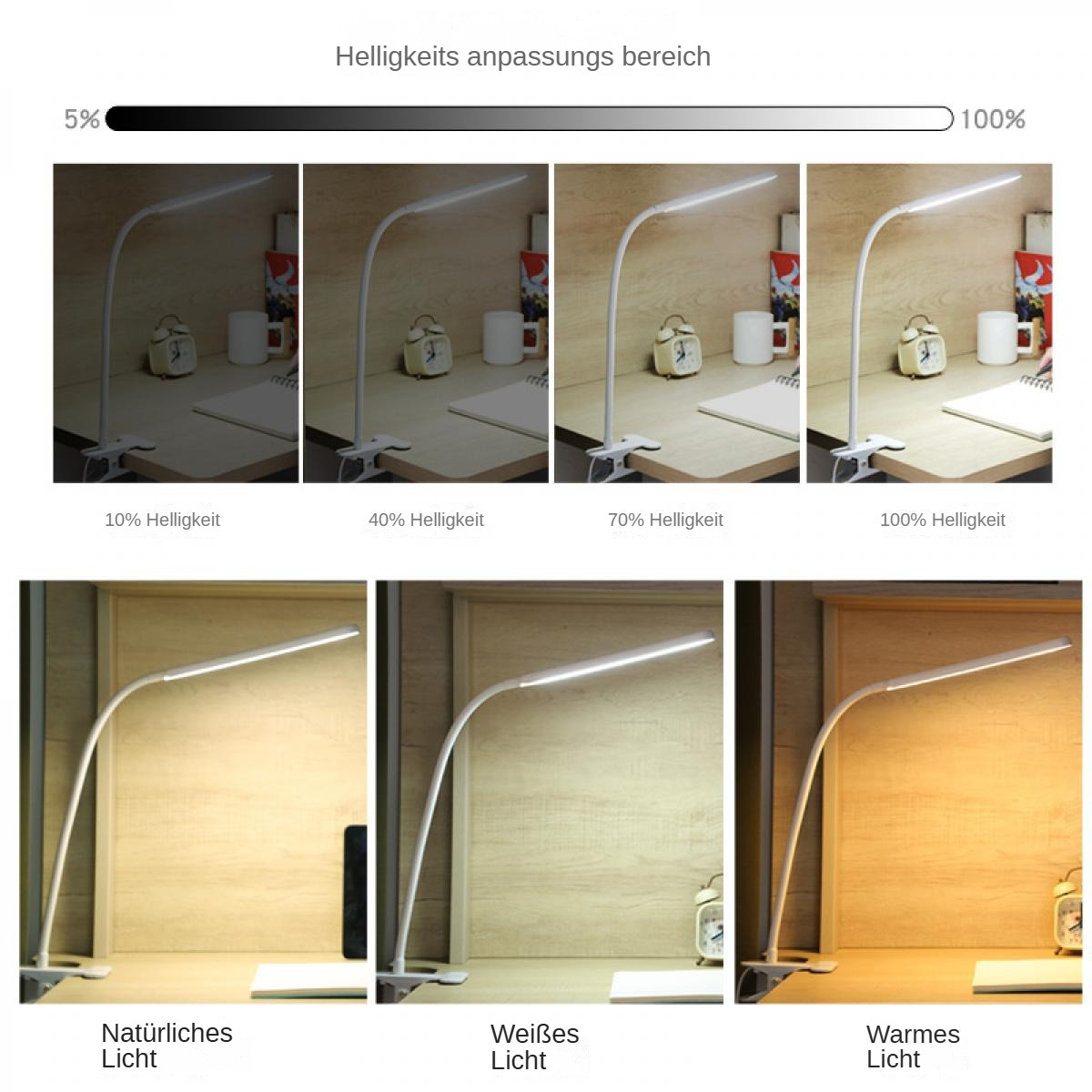 Das Bild zeigt eine Schreibtischlampe mit einstellbarer Helligkeit. Die Lampe steht auf einem Holzschreibtisch. Weitere Gegenstände sind eine Tasse und eine Uhr.