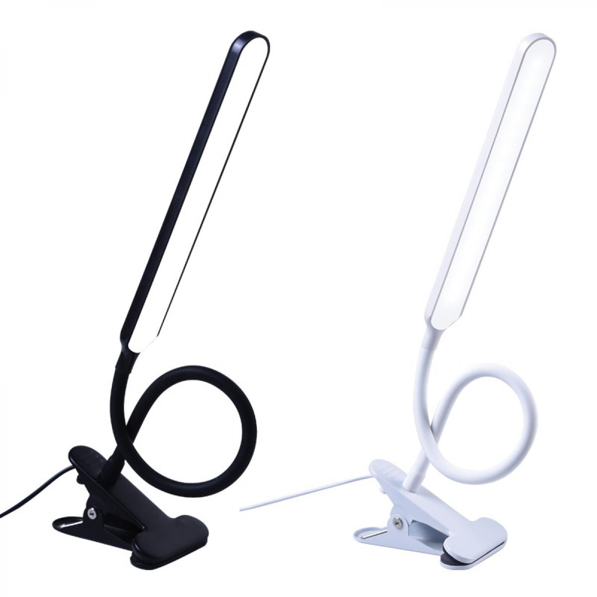 Zwei LED-Klemmlampen. Eine schwarz, eine weiß. Jede hat einen flexiblen Hals, eine Klemmbasis und einen rechteckigen Leuchtkopf.