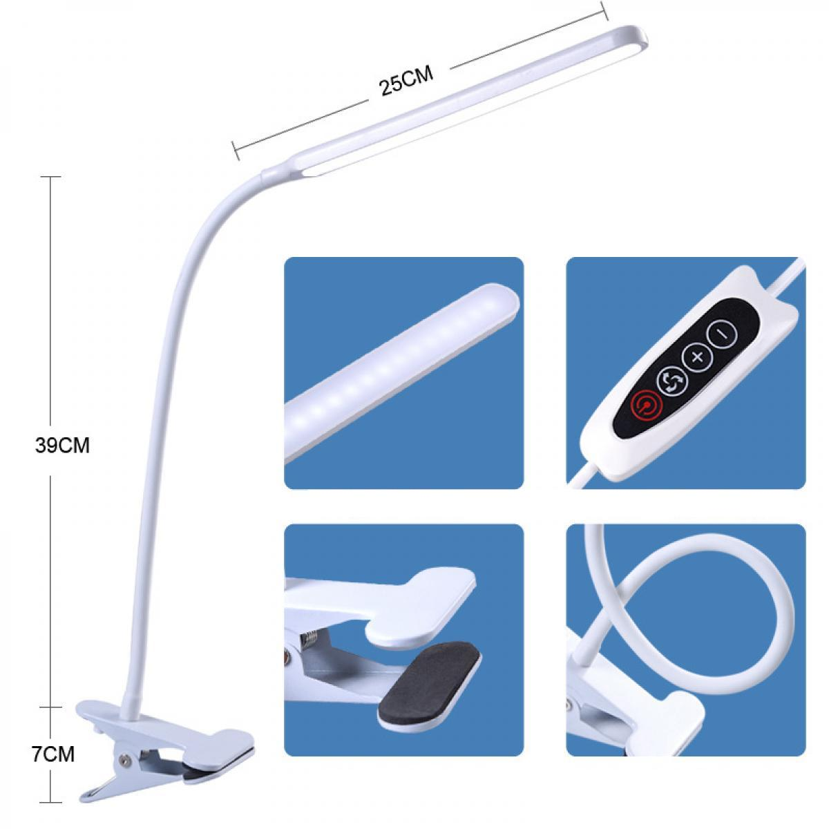 Eine weiße LED-Schreibtischlampe mit Clip-Basis. Sie hat einen flexiblen Hals und Steuertasten. Abmessungen sind angegeben.
