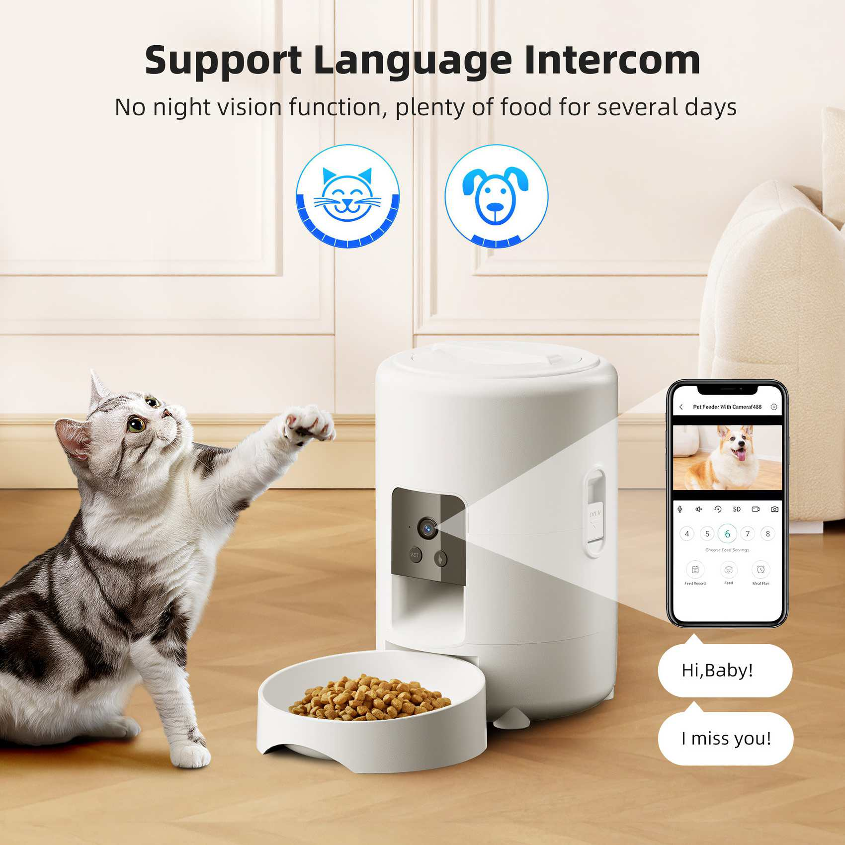 Eine Katze greift nach einem weißen Futterautomaten. Ein Telefon zeigt einen Hund. Der Text lautet 'Hi, Baby!' und 'I miss you!'