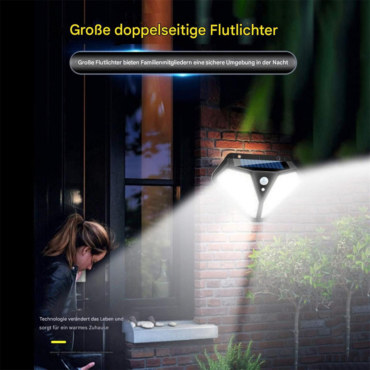 Eine Frau steht neben einem Haus mit hellem Solarlicht an einer Ziegelmauer. Das Licht beleuchtet den Bereich, mit deutschem Text.