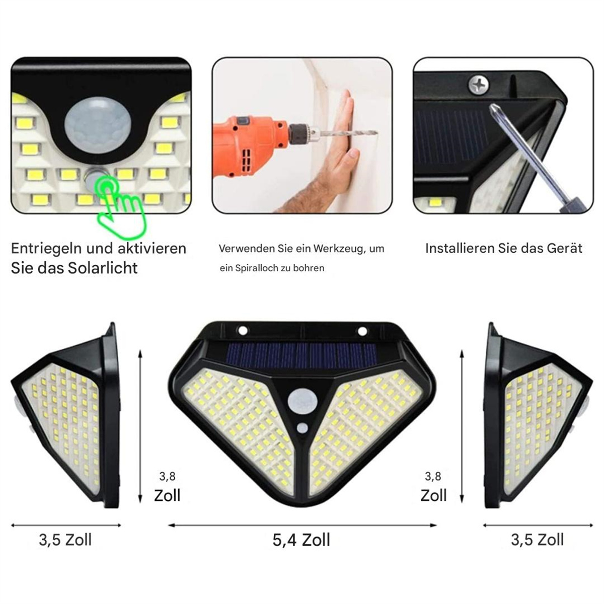 Ein Solarlicht mit Anweisungen: Entriegeln, Bohren, Installation und Abmessungen in Zoll. Bilder zeigen das Gerät und Werkzeuge.