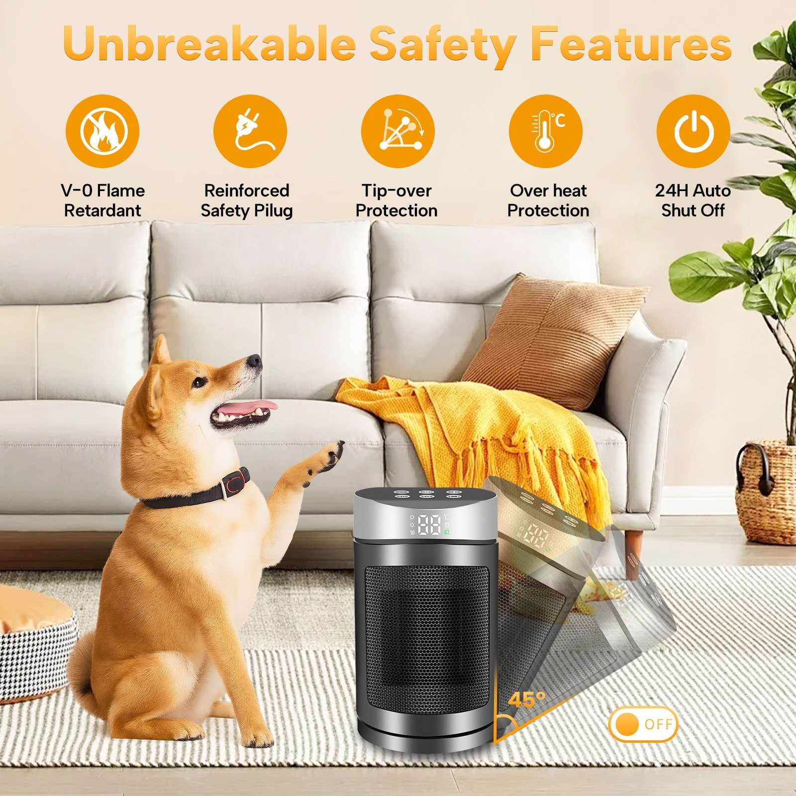 Ein Hund zeigt auf eine Heizung. Die Heizung steht vor einem Sofa auf dem Boden. Sicherheitsmerkmale werden oben gezeigt.