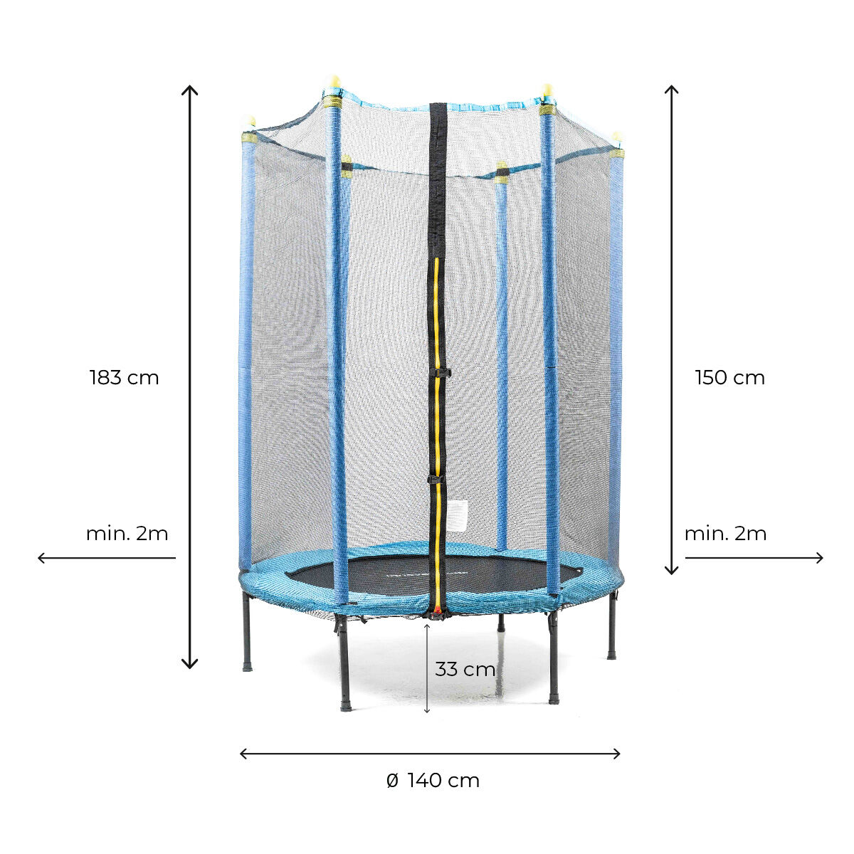Un trampolín azul y negro con red de seguridad. Dimensiones: 183 cm altura, 140 cm diámetro, 33 cm ancho base y 150 cm altura.