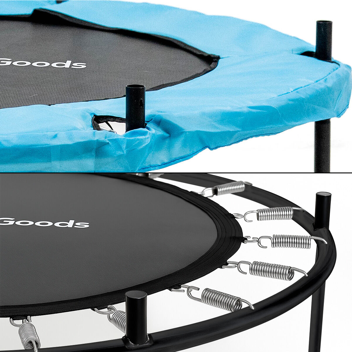 Primer plano de un trampolín azul y negro. Marco, resortes y colchoneta negros. El acolchado azul cubre el marco y la palabra "Goods" es visible.