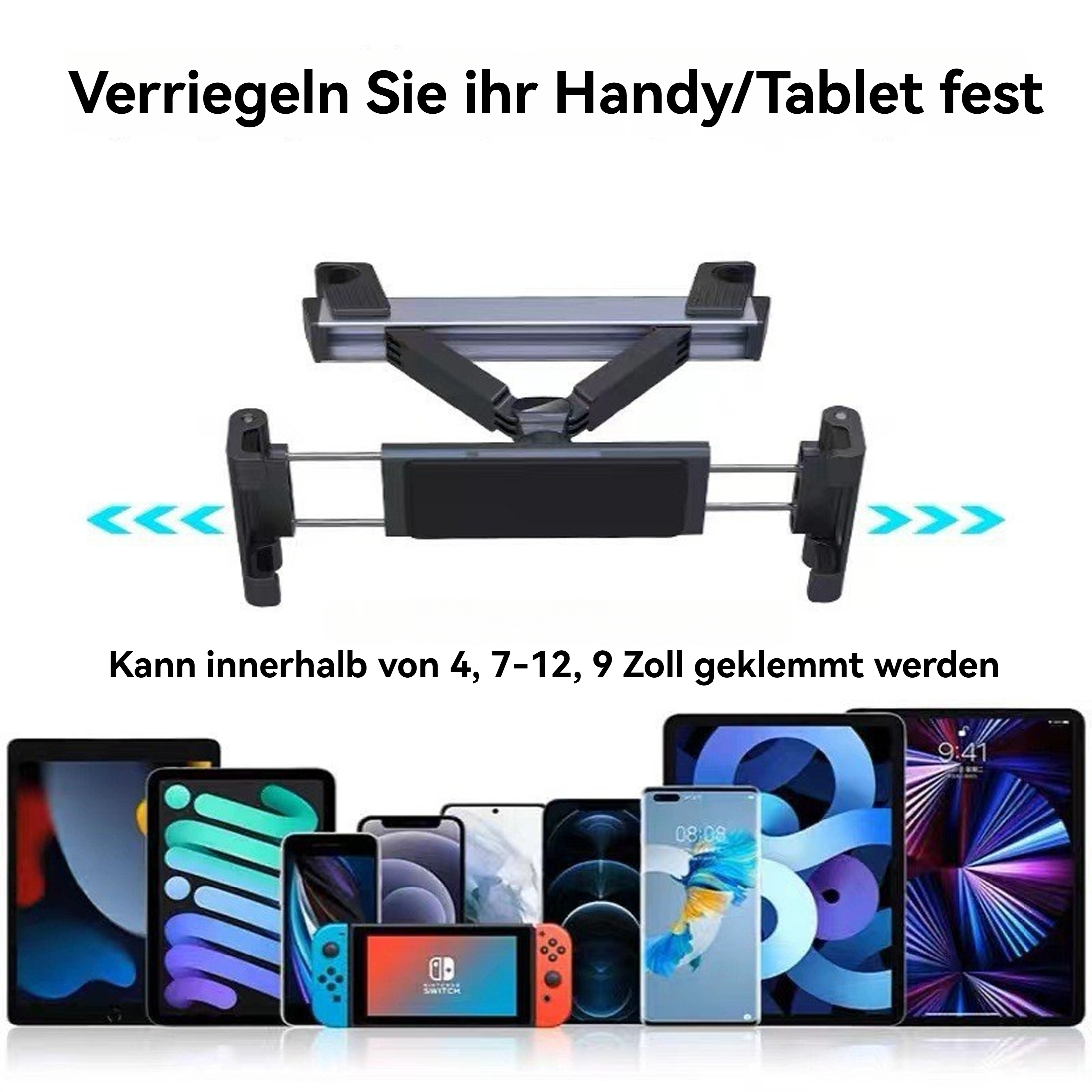 Eine Werbung zeigt einen Handy-/Tablethalter und verschiedene mobile Geräte. Der Text auf Deutsch lautet: „Sichern Sie Ihr Handy/Tablet fest“.